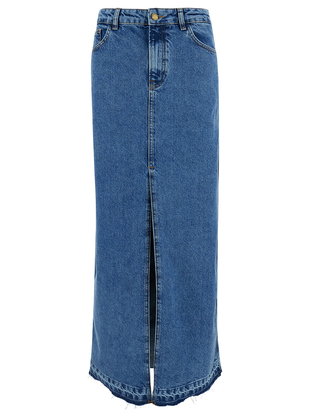 Shop Philosophy Di Lorenzo Serafini Maxi Light Blue Skirt With Split And Logo Embroidery In Cotton Blend Denim Woman