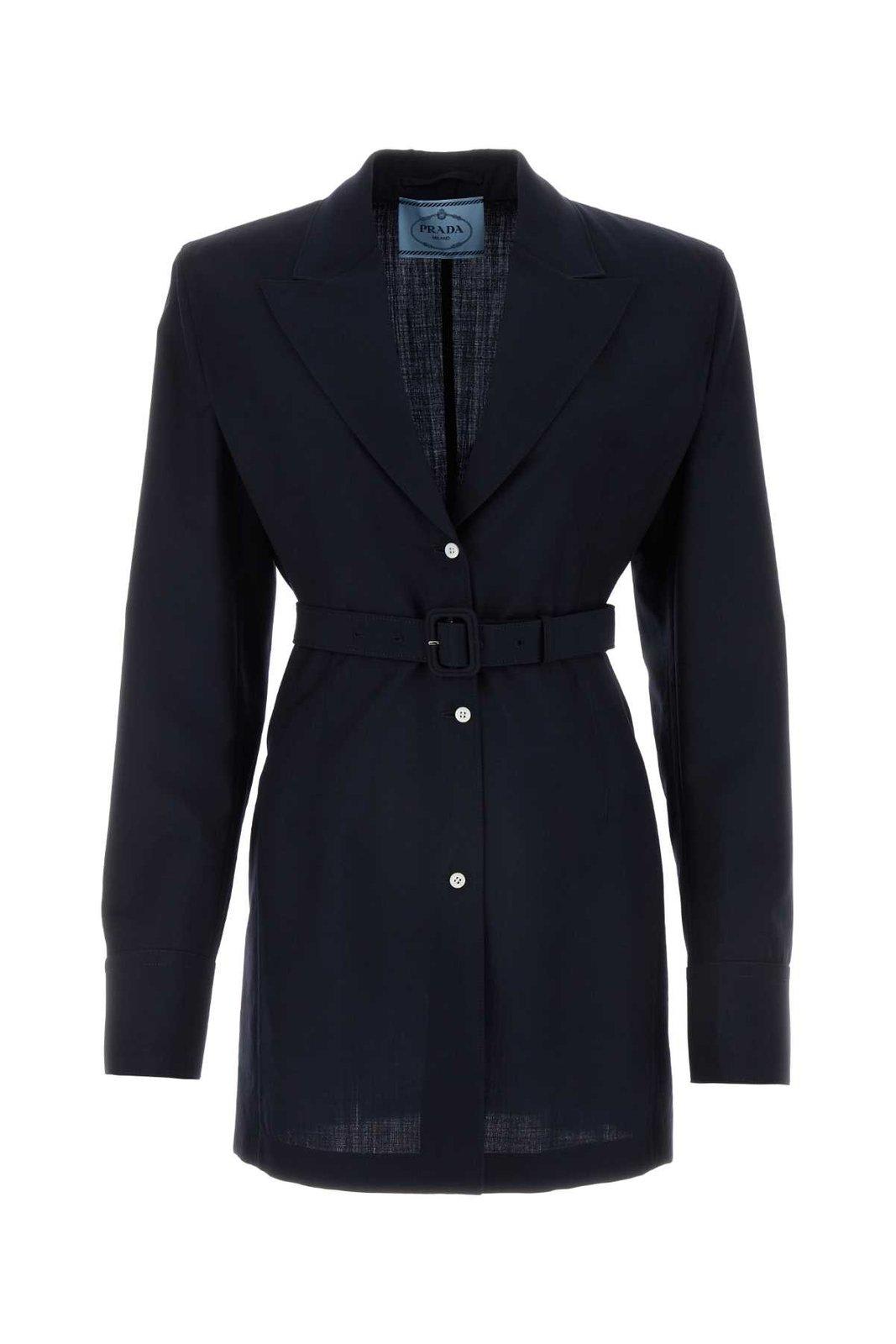 Shop Prada Belted Single-breasted Blazer In Bleu