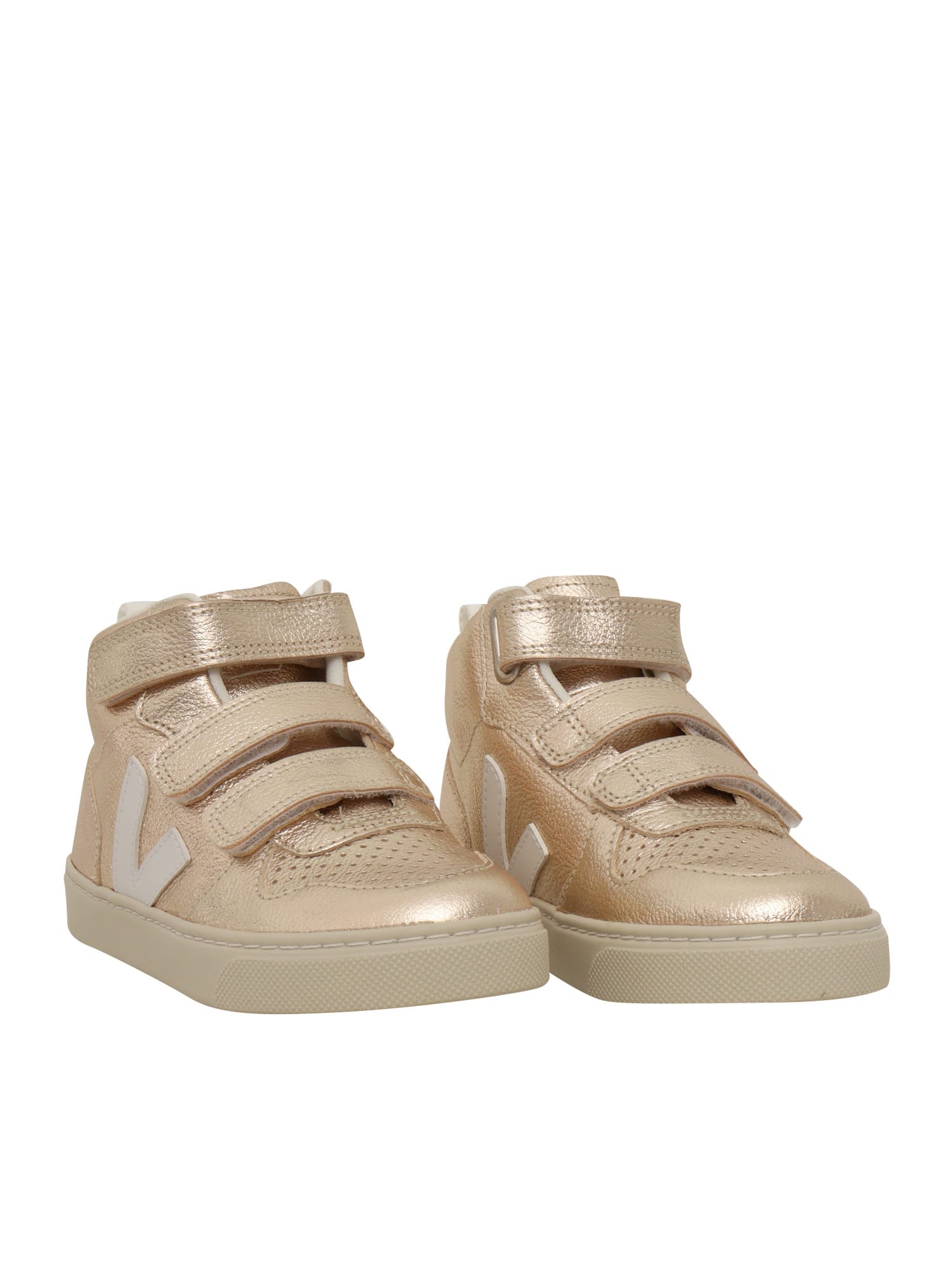Veja V-10 Mid Metallic Leather Sneakers In White
