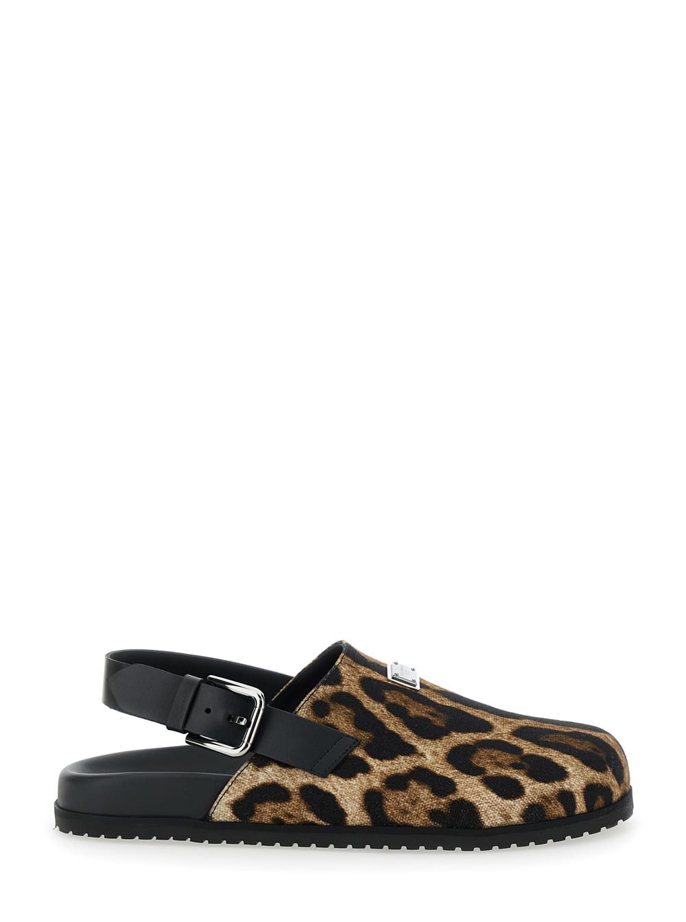 Brown Mules With Logo Plaque On The Front And Leopard Motif In Leather And Cotton Blend Man