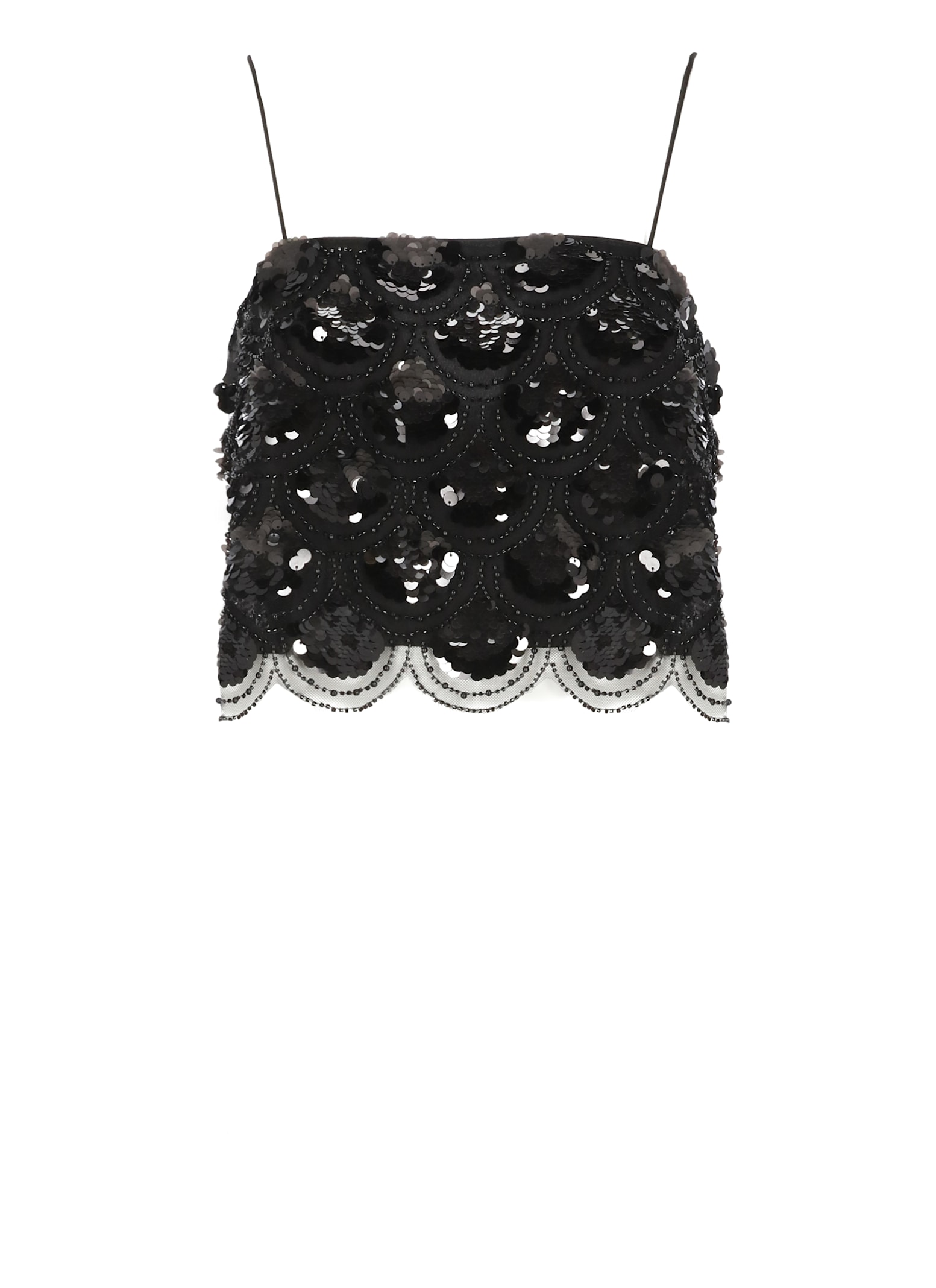 Rotate Birger Christensen Rotate Black Crop Top With Scalloped Sequin Embellishment