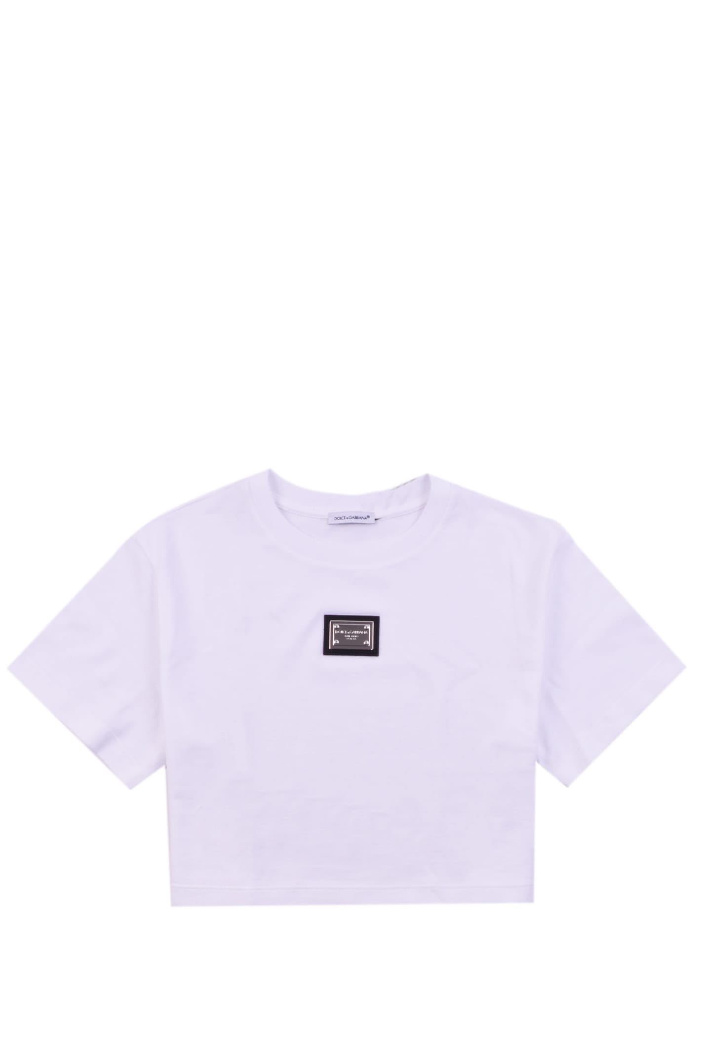 DOLCE & GABBANA CROPPED COTTON T-SHIRT WITH LOGO PLATE