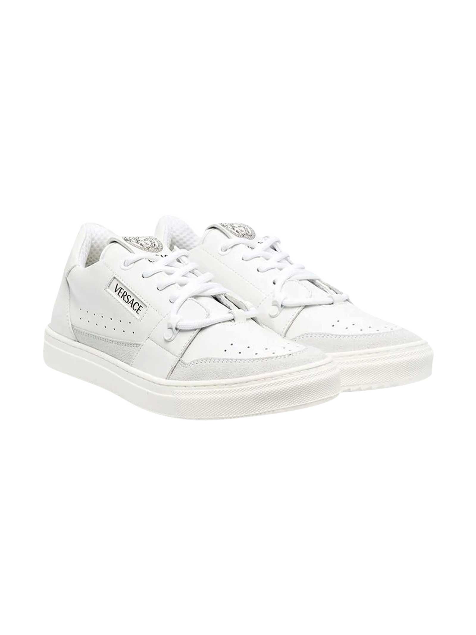 Buy Versace Young White Sneakers online, shop Versace shoes with free shipping