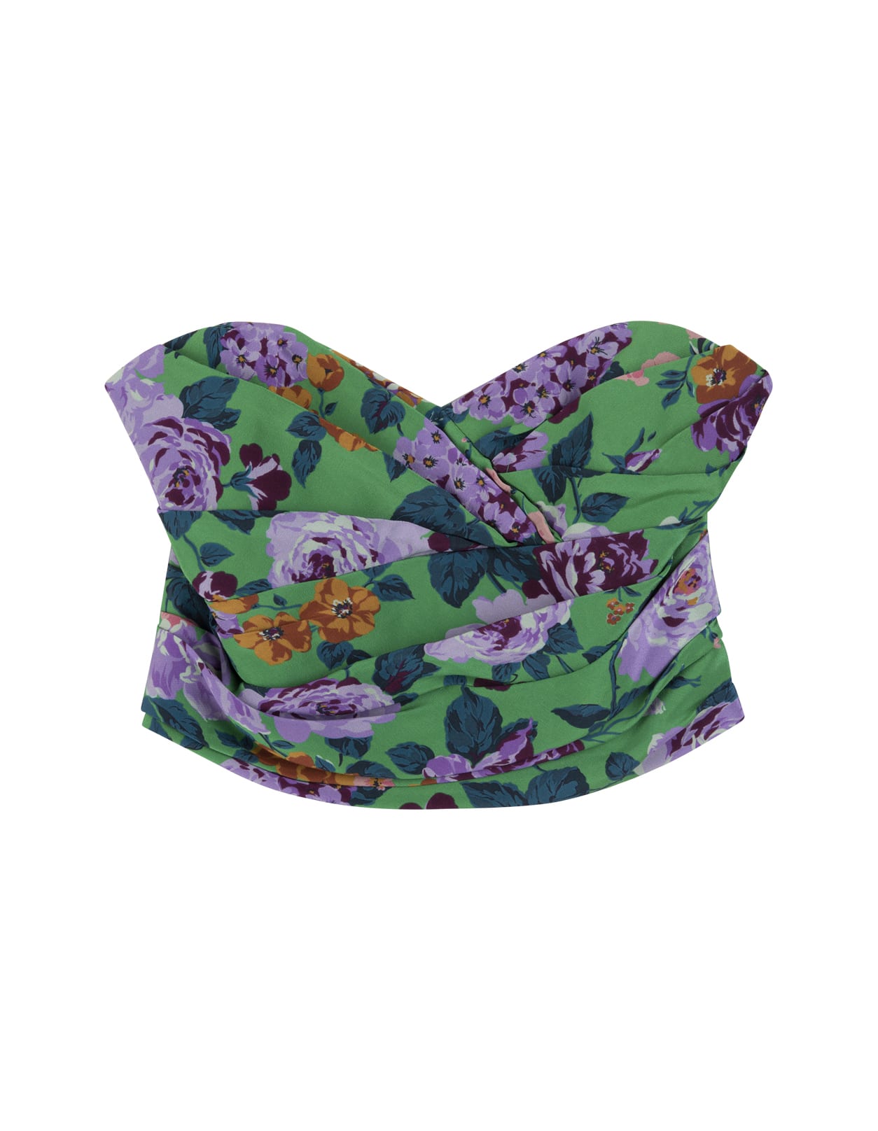 Alessandra Rich Bandeau Top In Green Silk With Floral Print