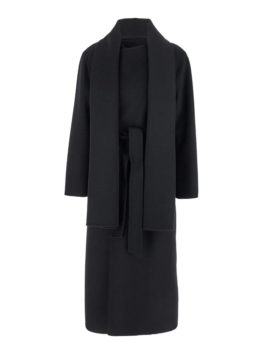 Shop P.a.r.o.s.h Long Double-breasted Black Coat With Tie-up Collar In Heavy Fabric Woman