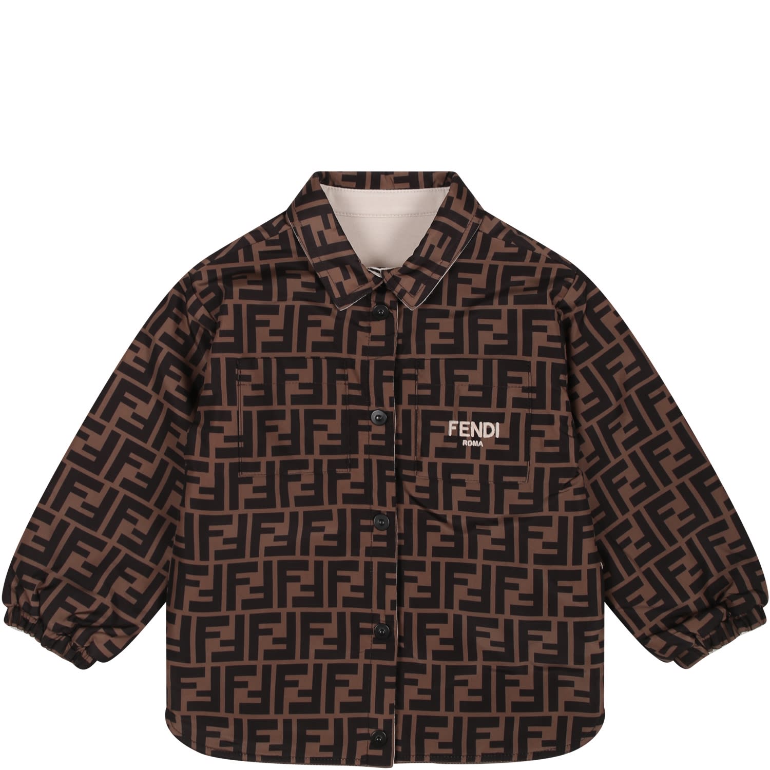 Fendi Reversible Beige Jacket For Baby Boy With Logo And Ff In Brown
