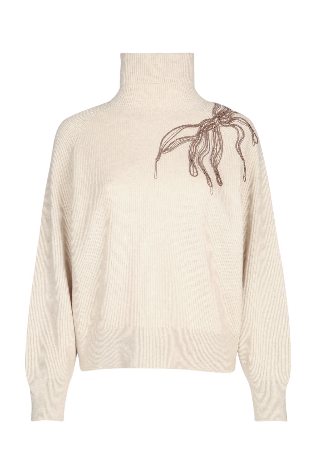 Brunello Cucinelli Women Beige Cashmere Embroidered Roll Neck Sweater In Neutral