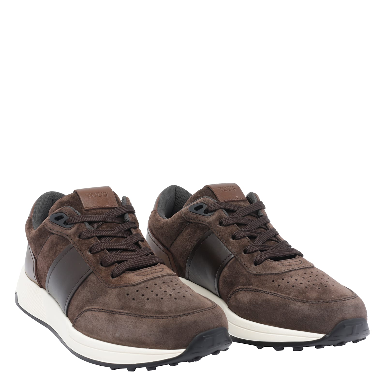 Tod's Suede And Leather Sneakers With Perforated Detailing In Brown