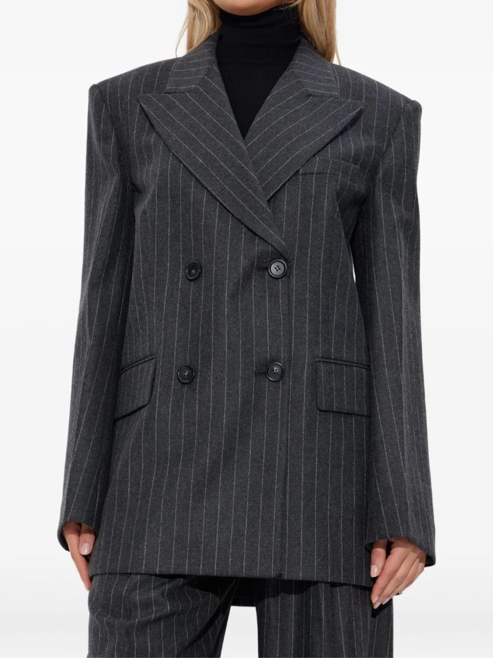 Sportmax Double-breasted Oversized Anthracite Jacket With Pinstripe Detail In Gray