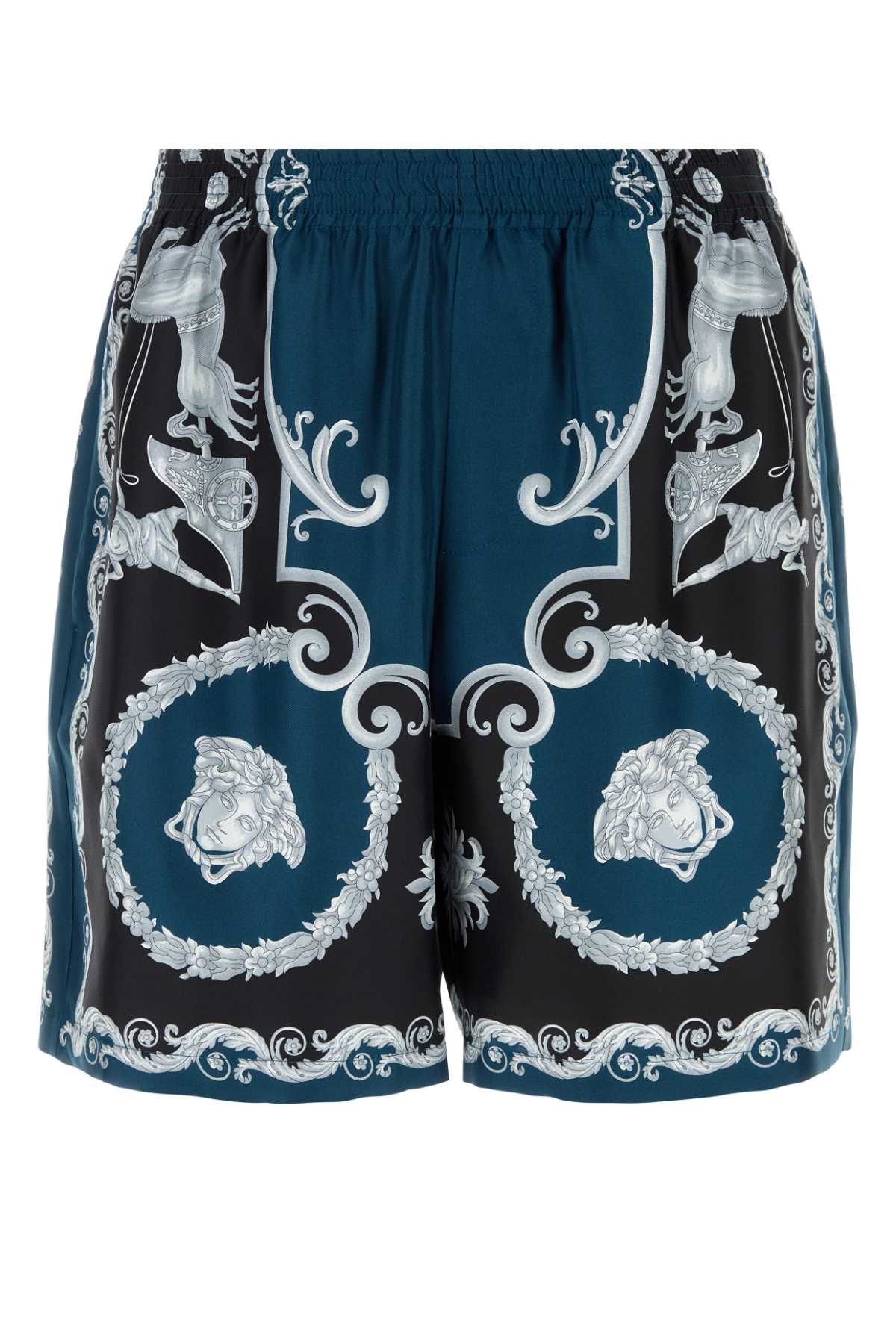 Versace Printed Silk Bermuda Shorts In Blue