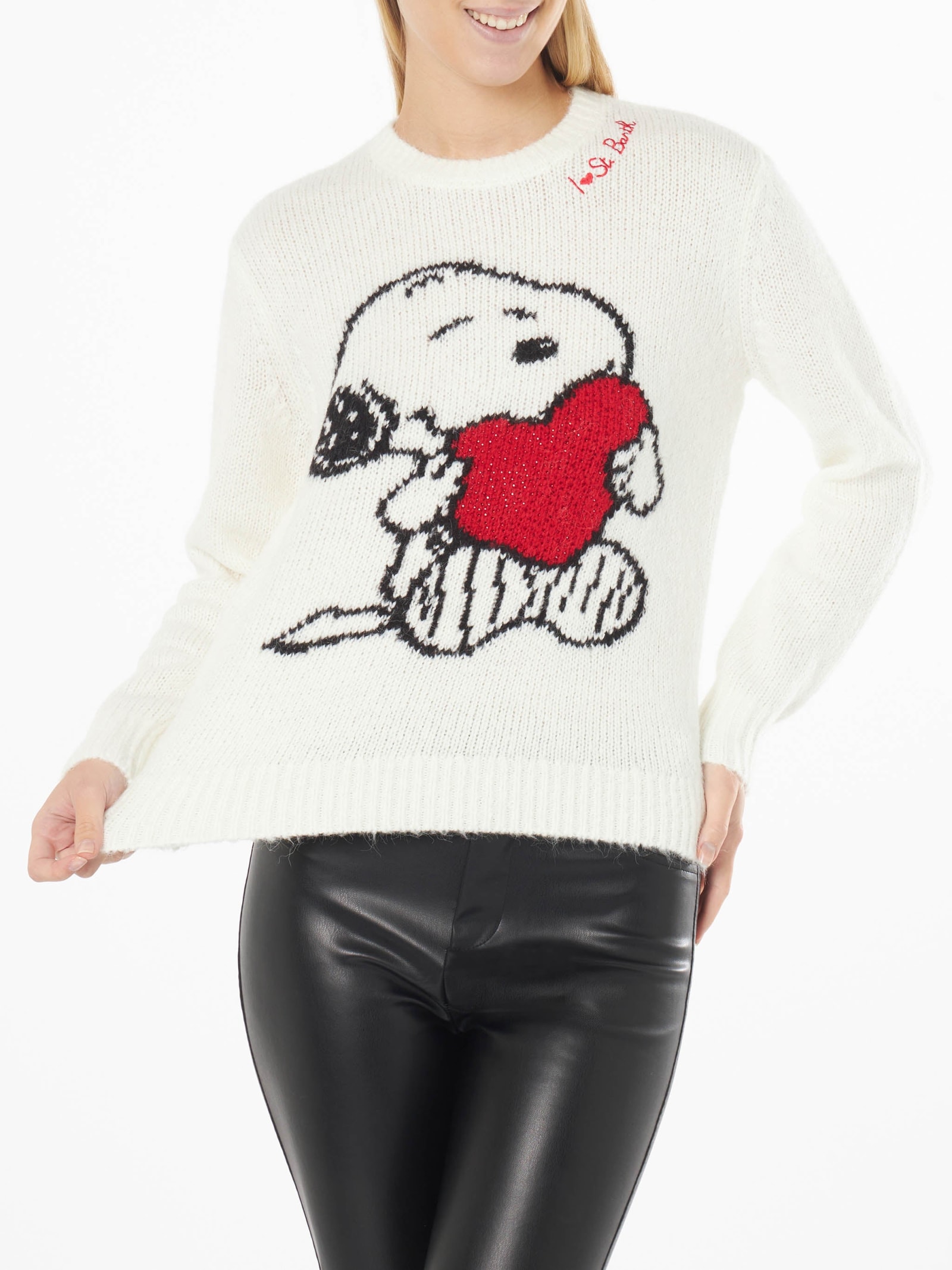 Shop Mc2 Saint Barth Woman Crewneck Black Sweater With Snoopy And Woodstock Print Ad Rhinestones Heart Snoopy Peanuts Spe In White