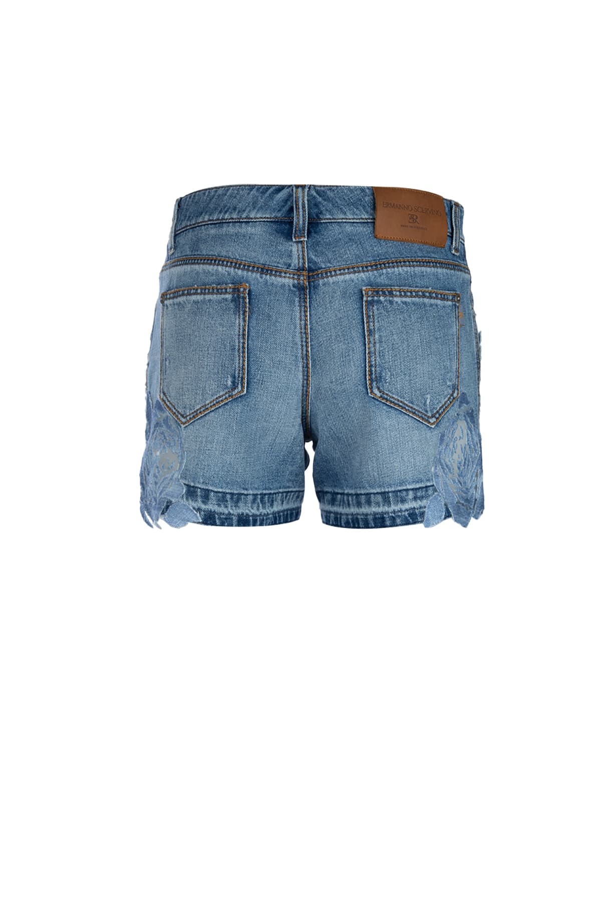 Ermanno Scervino Embroidered Floral Denim Shorts With Raw Hem In Blue