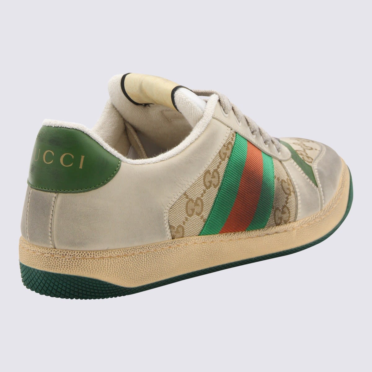 Shop Gucci Beige, Green, Orange Canvas And Leather Screener Sneakers In Beige/green