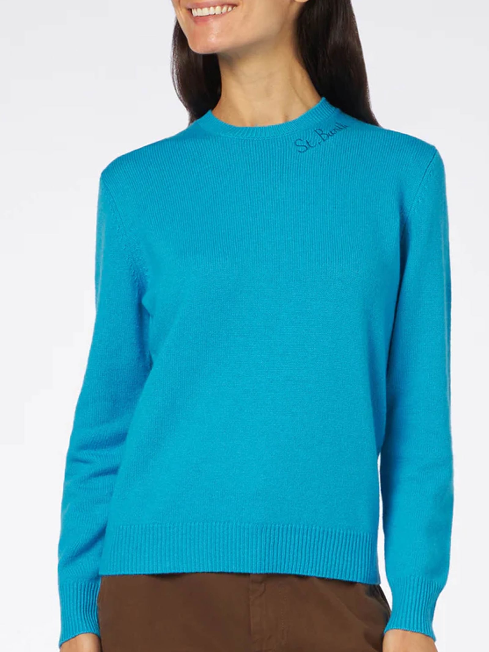 Mc2 Saint Barth Woman Crewneck Turquoise Sweater With St. Barth Embroidery In Sky