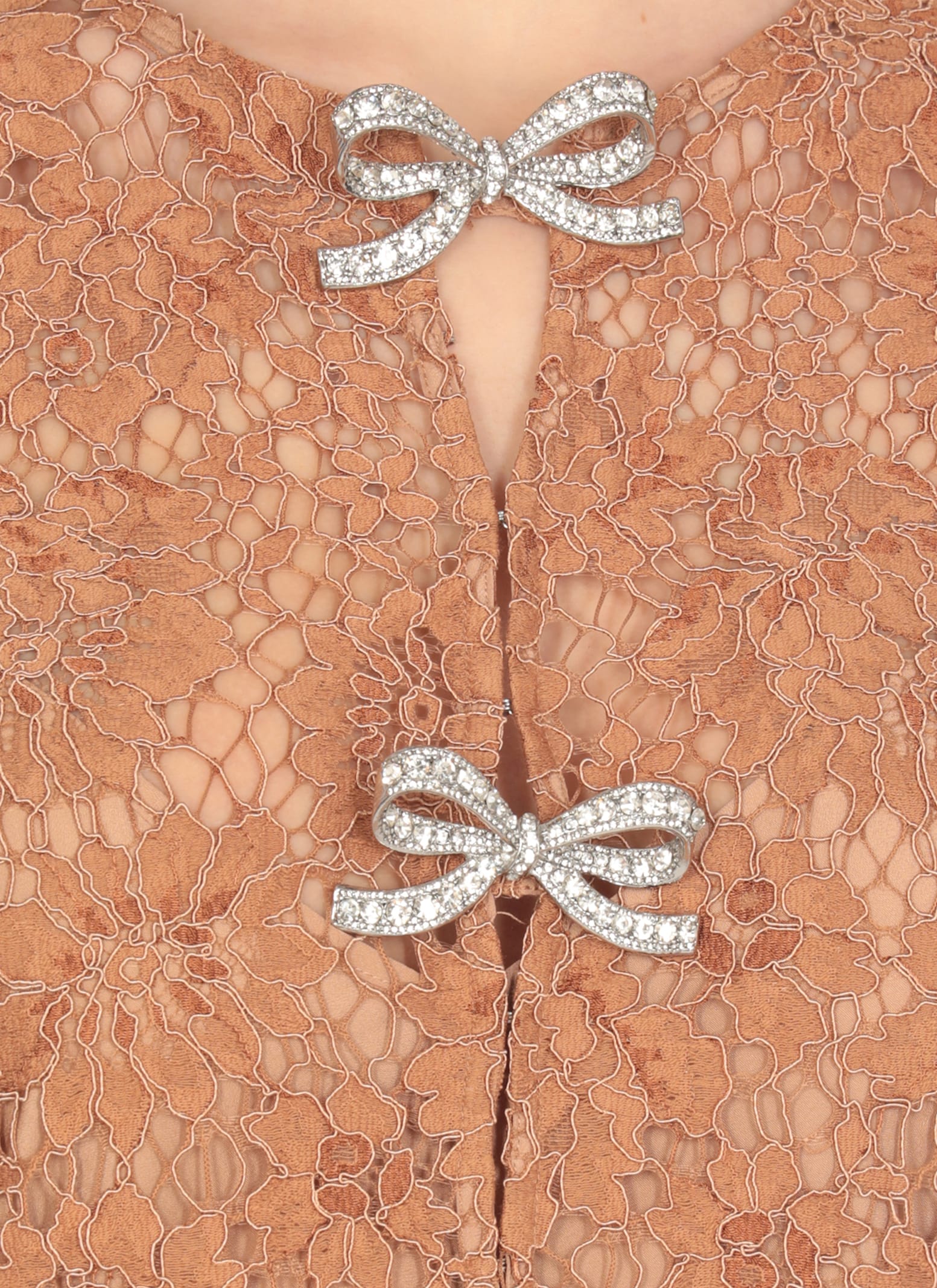 Self-portrait Womens Tan Lace Bow-embellished Woven Mini Dress