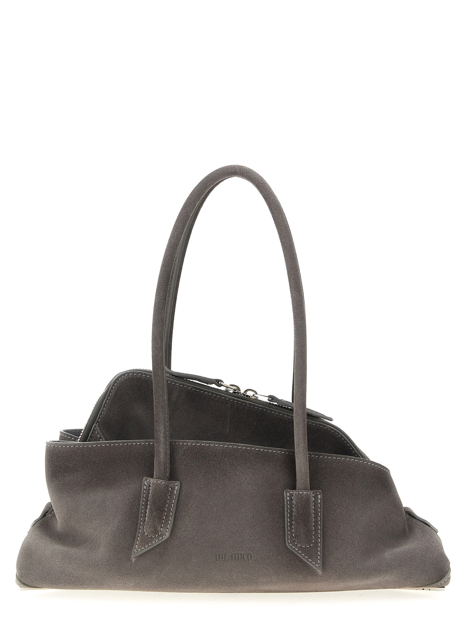 Attico Small Leather Shoulder Bag With Suede Finish In Gray