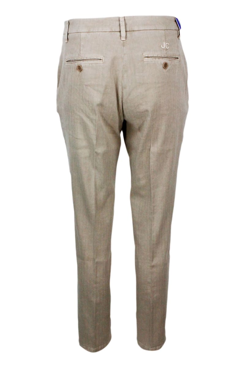 Shop Jacob Cohen Slim Regular Fit Navy Trousers In Soft Stretch Cotton Herringbone Pattern With America Pockets Chino In Beige