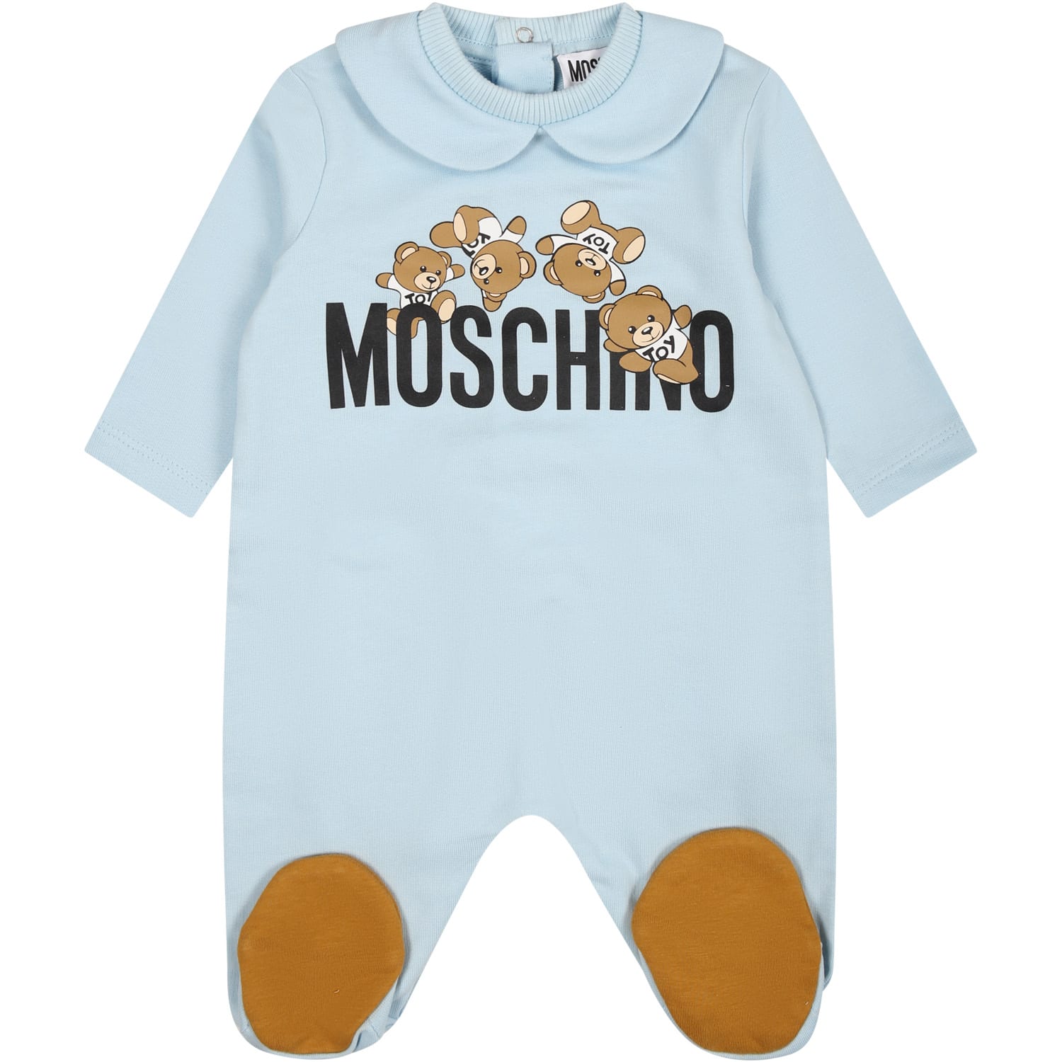 Moschino Light Blue Playsuit For Baby Boy With Logo And Teddy Bear