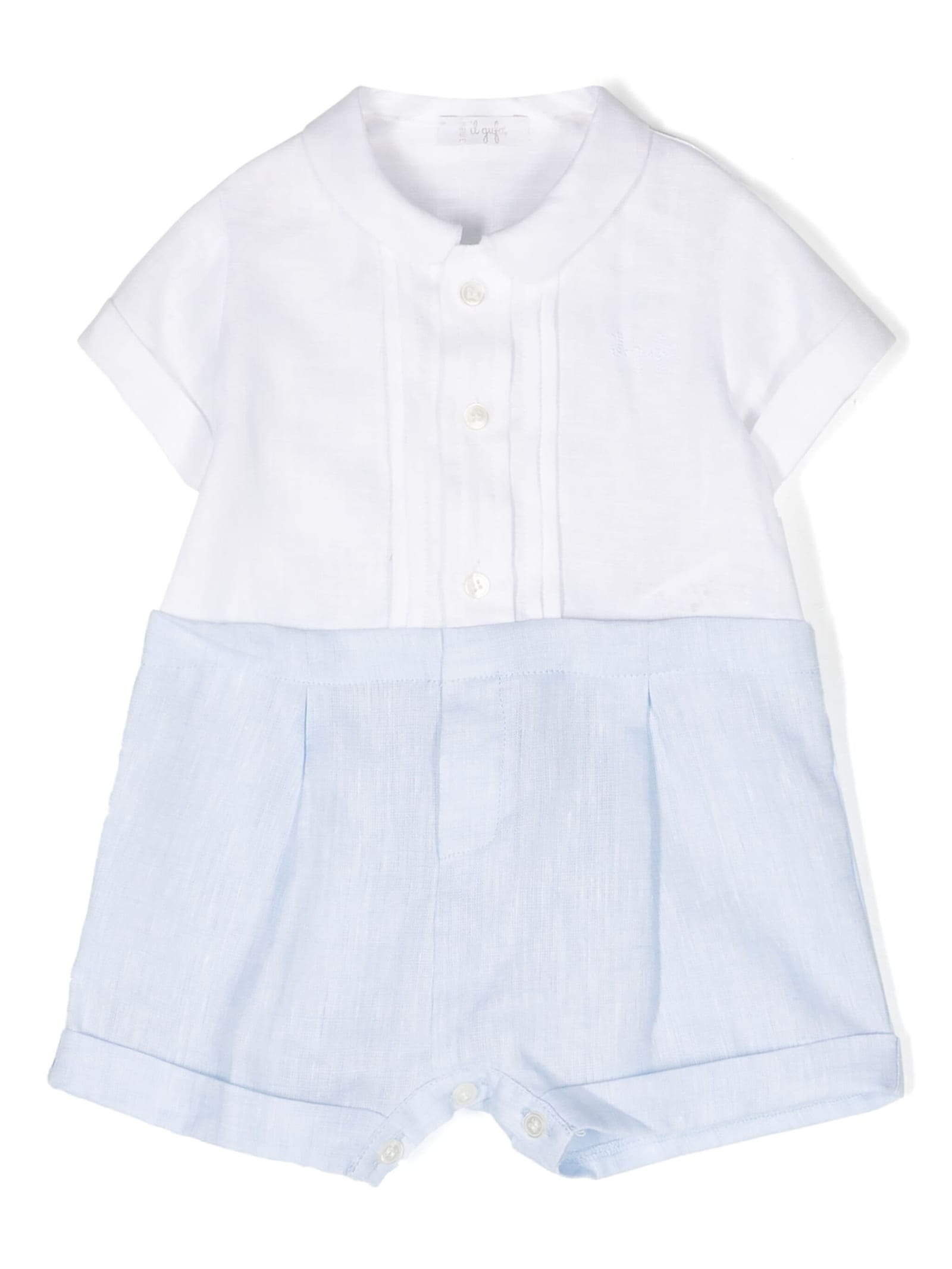 Il Gufo Babies' Two-tone Linen Romper In White And Light Blue