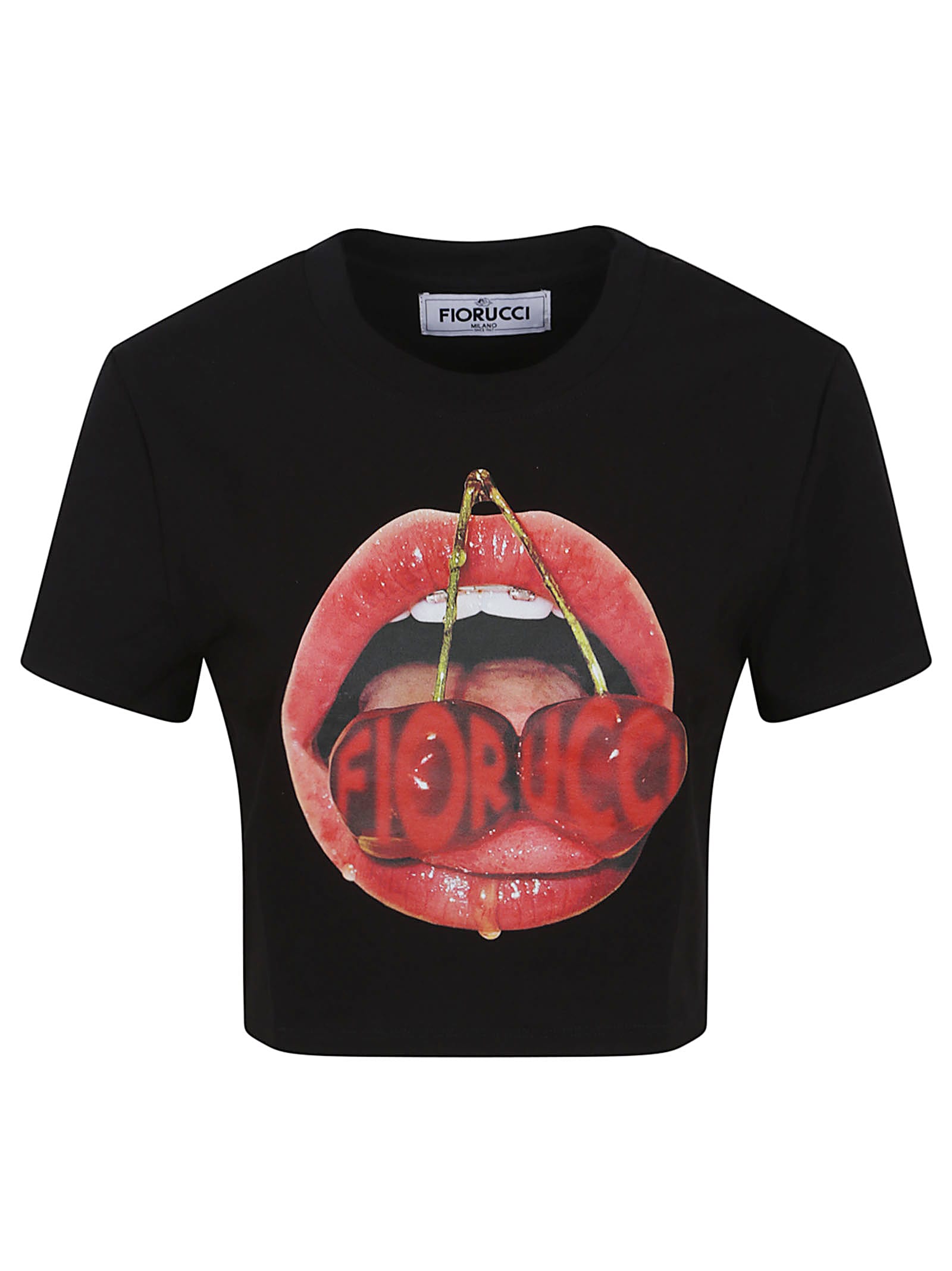 Fiorucci Mouth Print Cropped T-shirt In Black