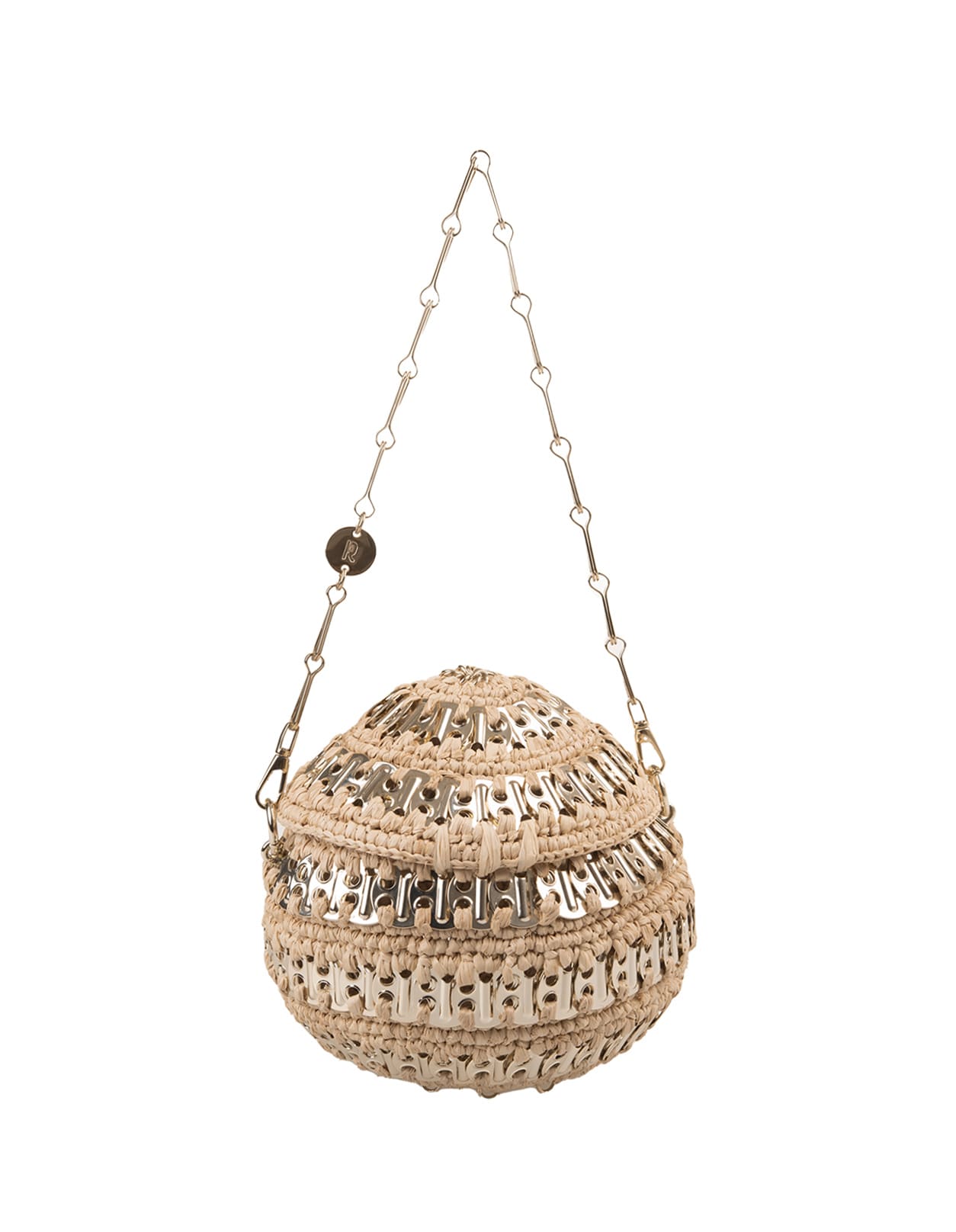 Shop Rabanne 1969 Ball Shoulder Bag In Raffia And Metal In Brown