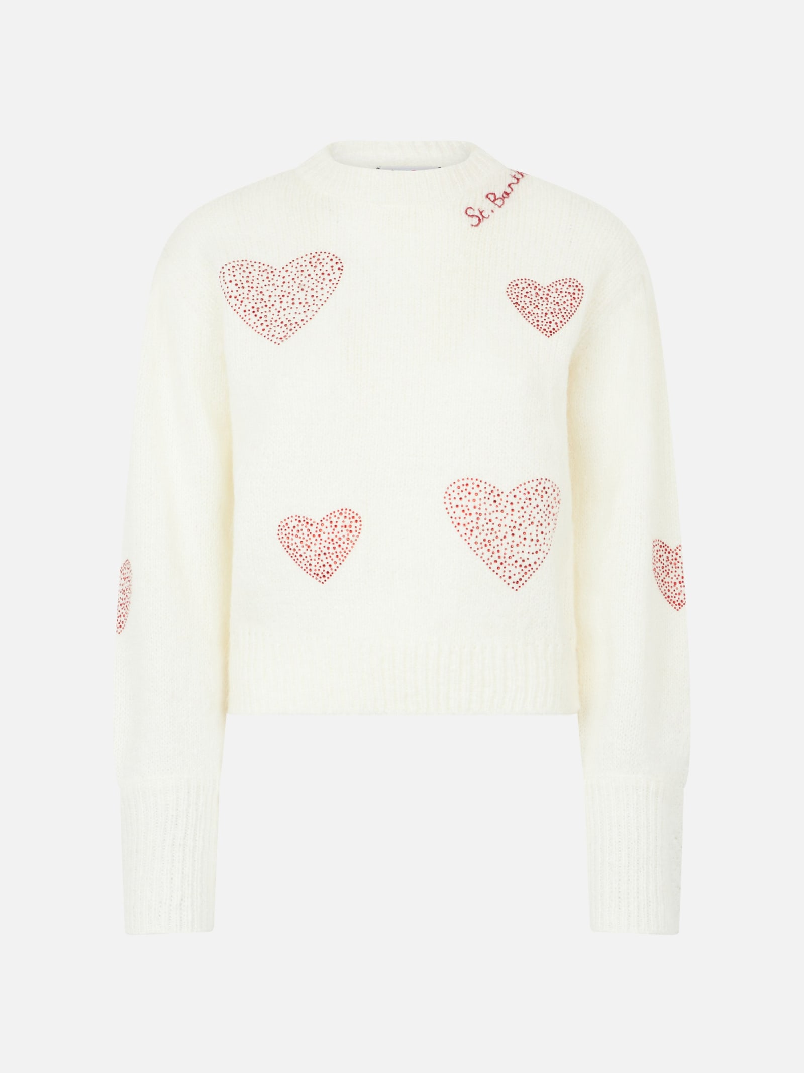 Shop Mc2 Saint Barth Woman Brushed White Sweater With Rhinestones Hearts