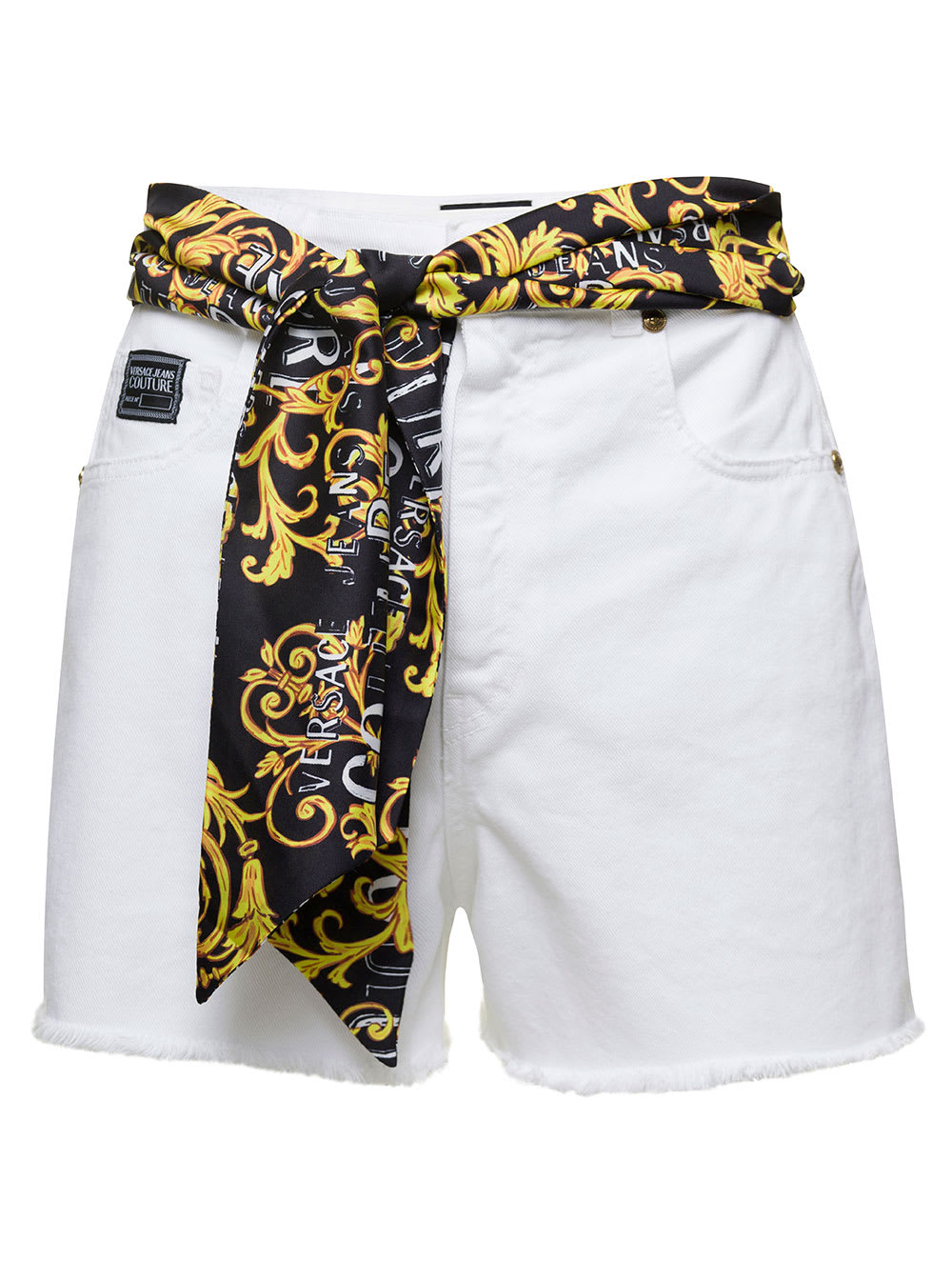 VERSACE JEANS COUTURE WHITE DENIM HIGH WASITED SHORTS WITH BAROQUE PRINT FOULARD IN COTTON WOMAN