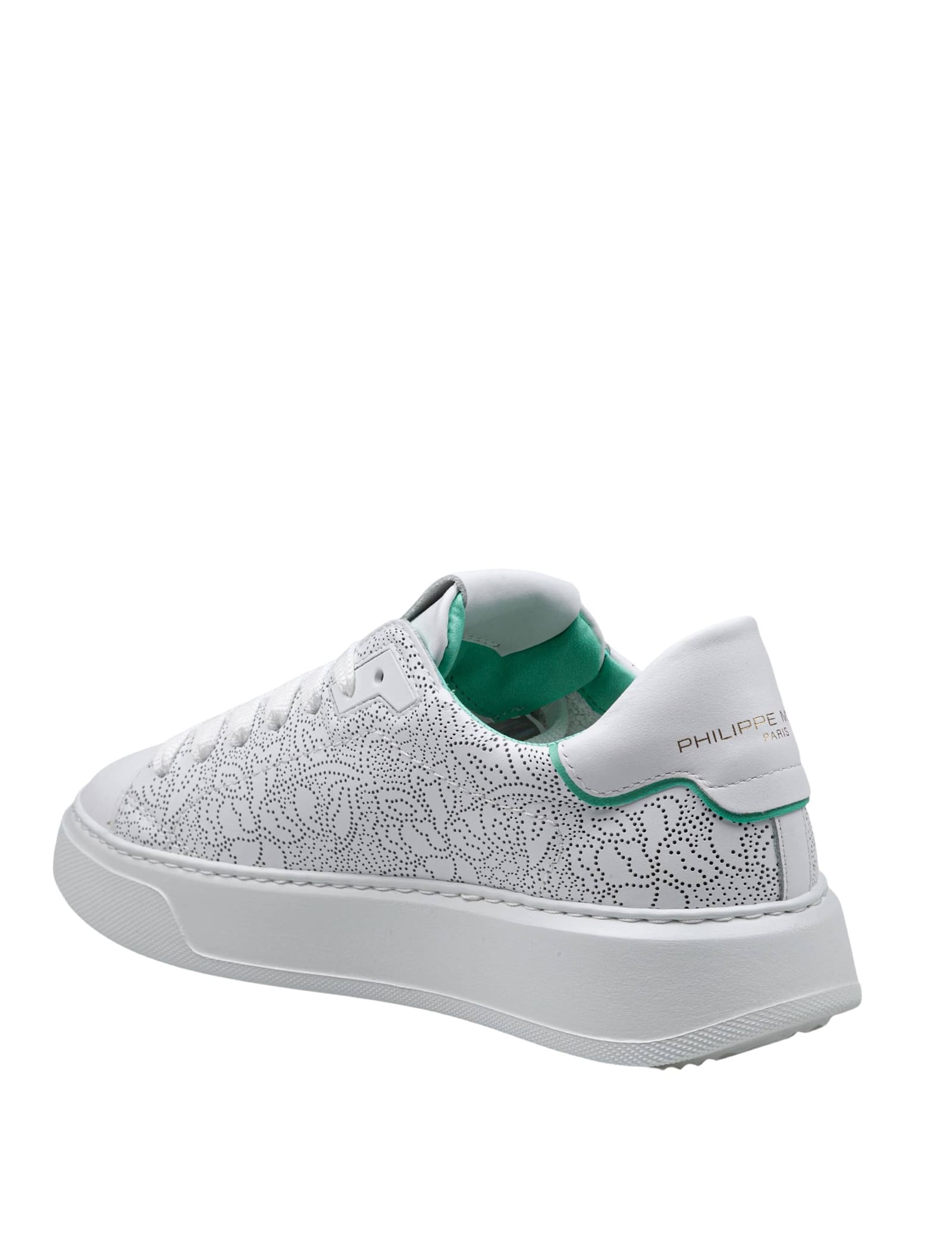 Philippe Model Temple Perforated Leather Sneakers Color White And Green In Animal Print