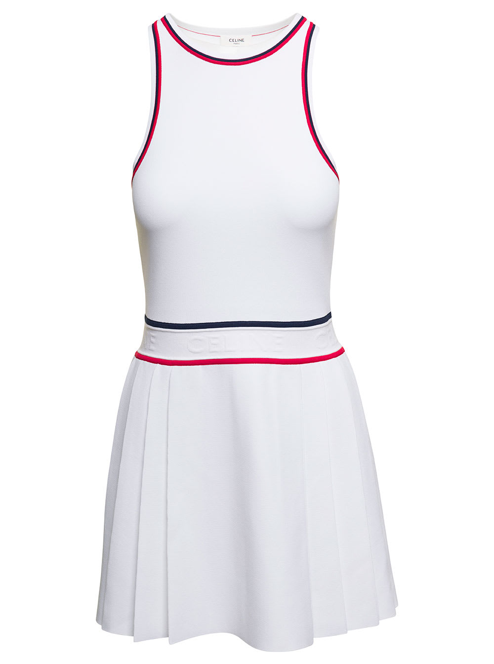 CELINE ATHELETIC SHORT SLEEVELESS DRESS WITH RED AND BLU PROFILES PLEATED SKIRT WHITE IN VISCOSE WOMAN