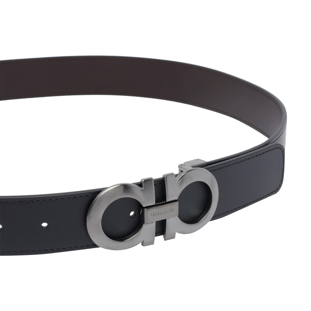 Ferragamo Salvatore Man's Bicolor Leather Belt With Logo Buckle In Black