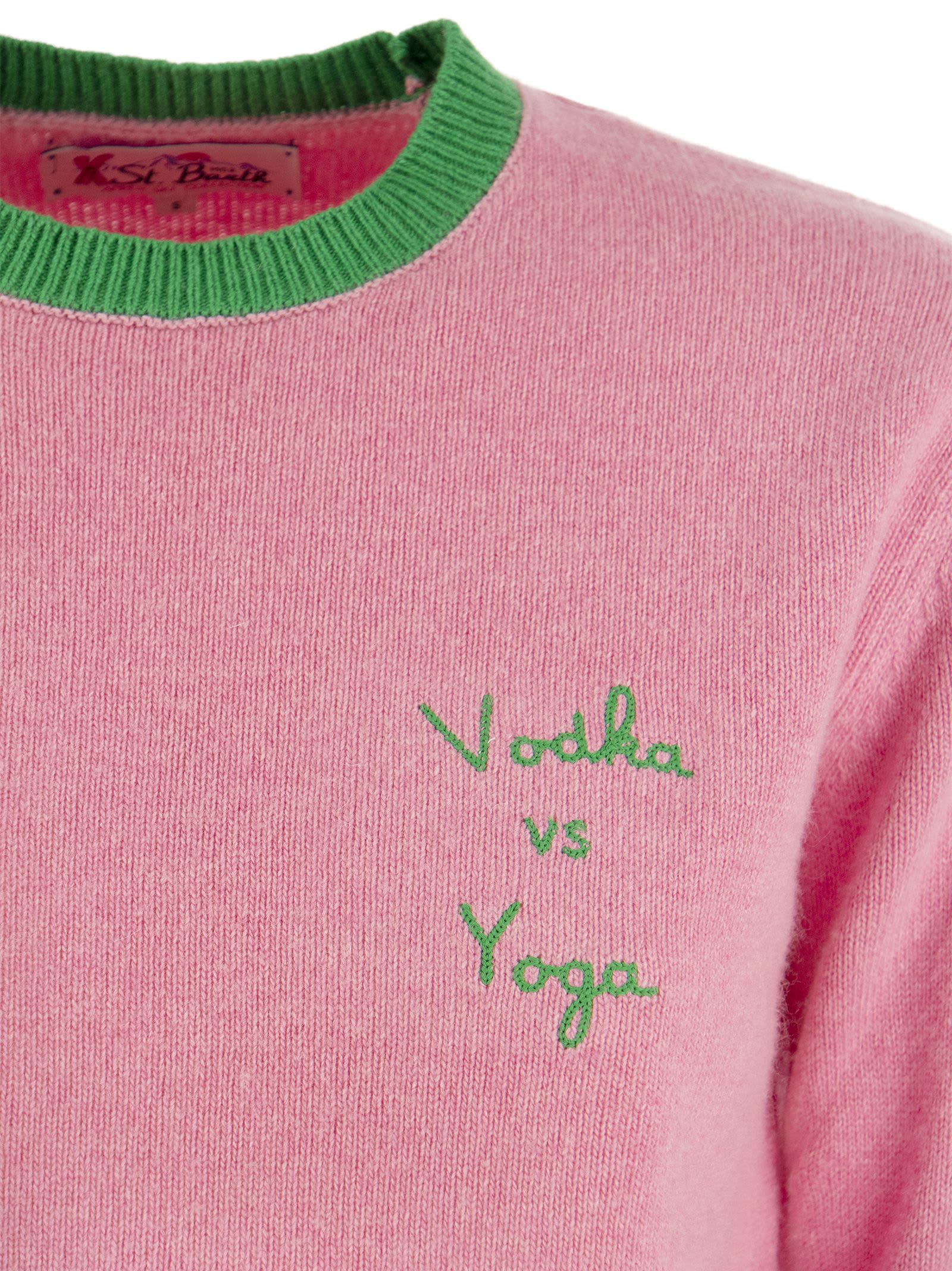 Shop Mc2 Saint Barth Wool And Cashmere Blend Jumper With Vodka Vs Yoga Embroidery In Pink