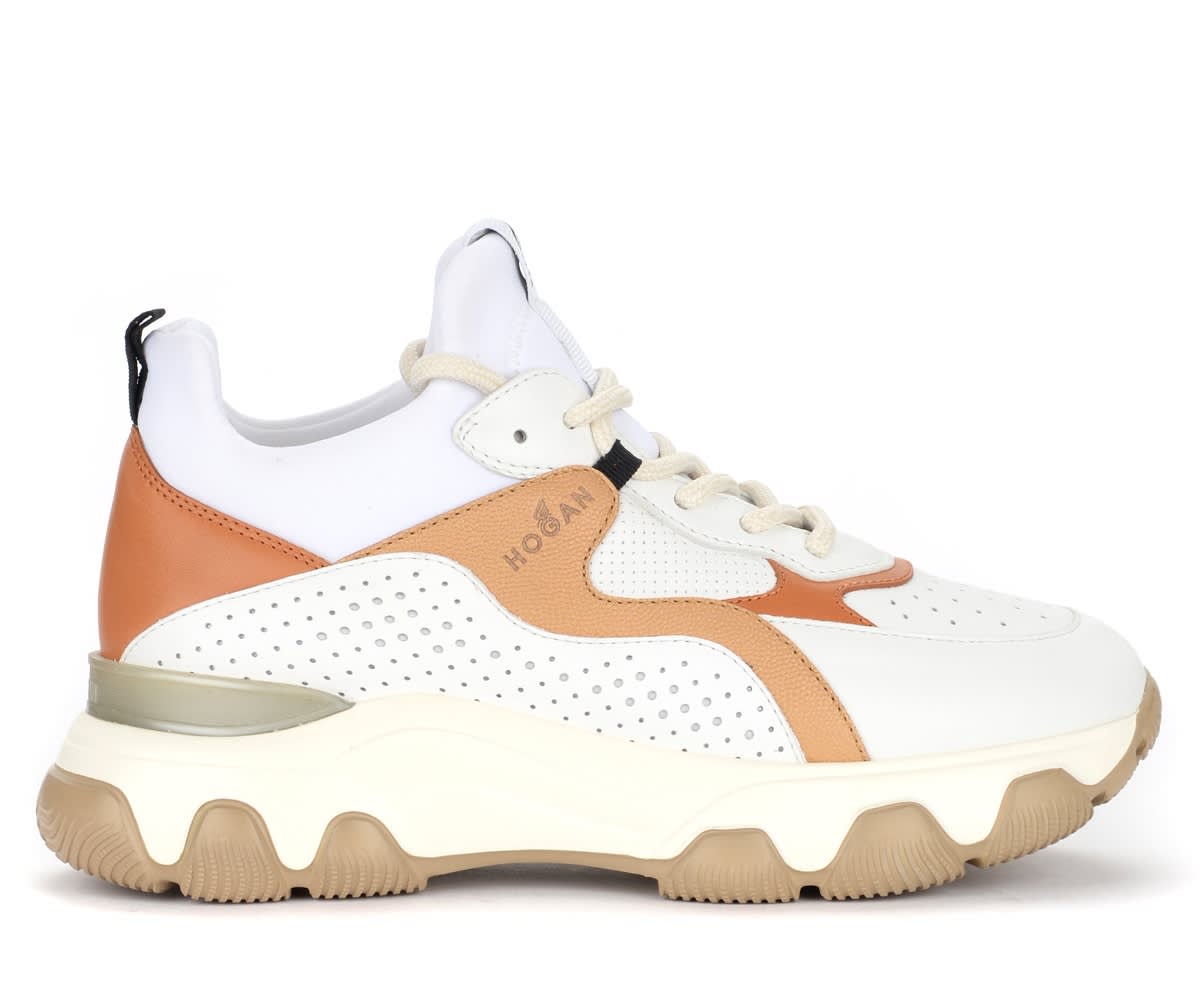 Hogan Hyperactive Mid Cut Sneaker In White And Beige Leather