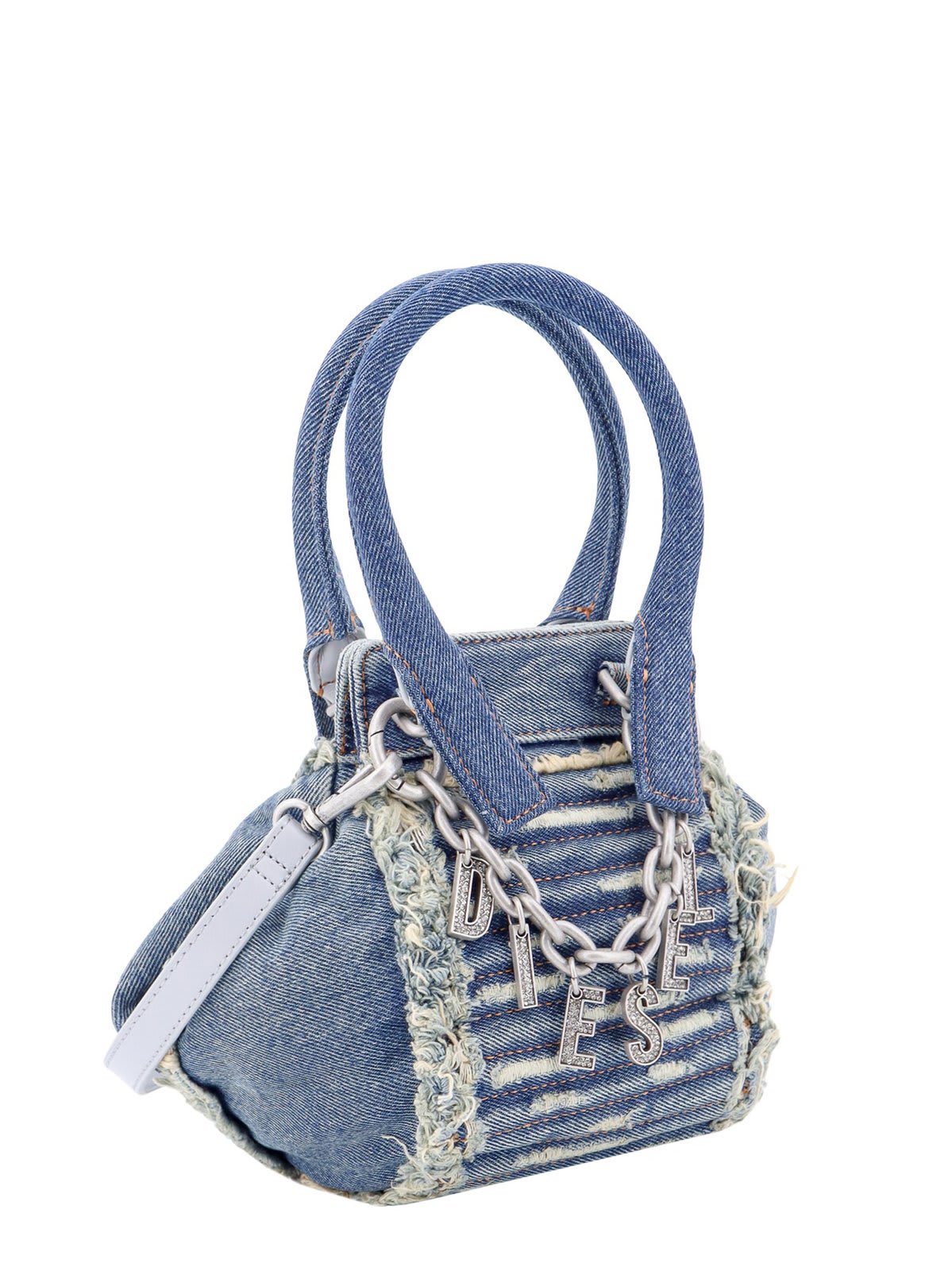 Shop Diesel D-vina-xs Logo Charm Denim Shoulder Bag