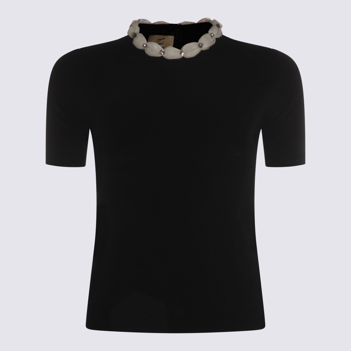 Valentino Embellished Neckline Fitted Short Sleeve Knitwear In Black