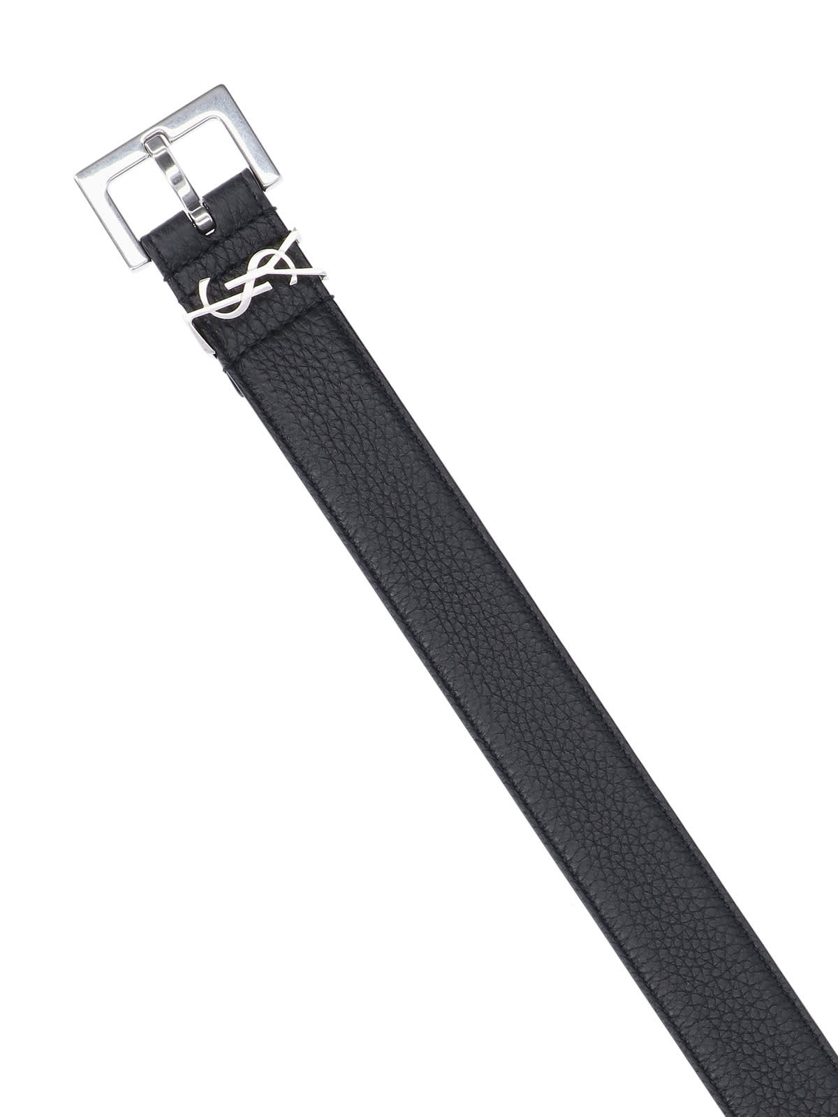 Saint Laurent Grained Leather Cassandre Thin Belt With Square Buckle Accessories In Black