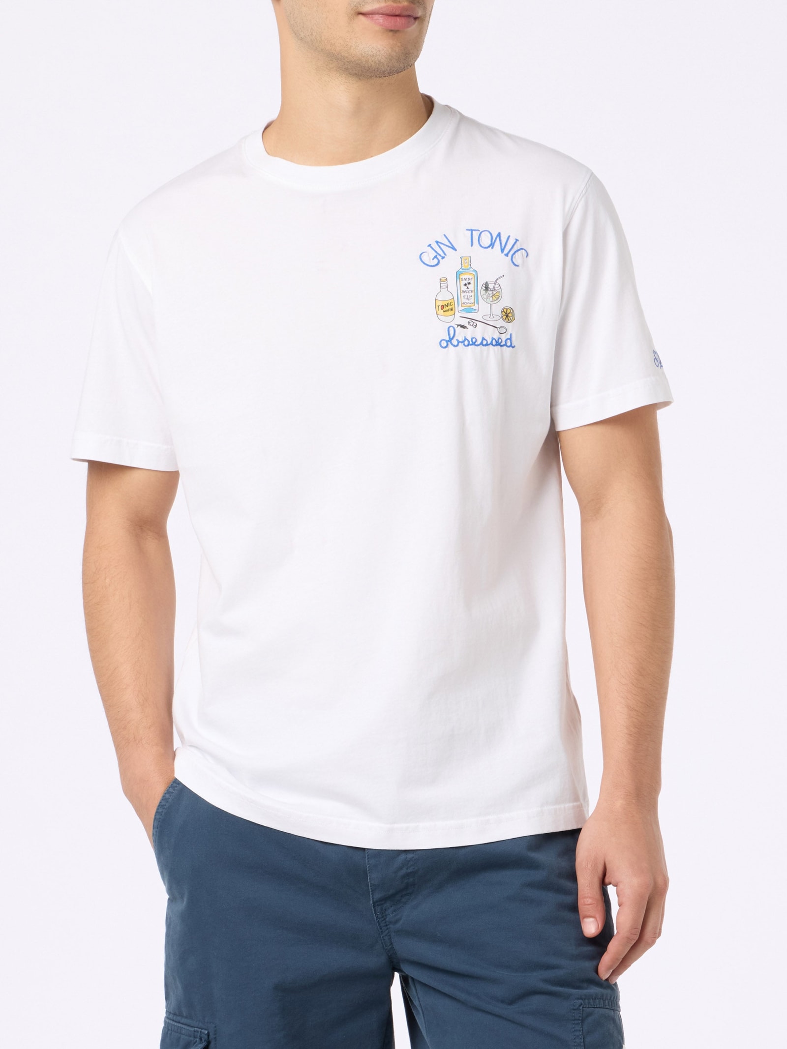 Mc2 Saint Barth Man Cotton T-shirt With Gin Tonic Print And Embroidery In White