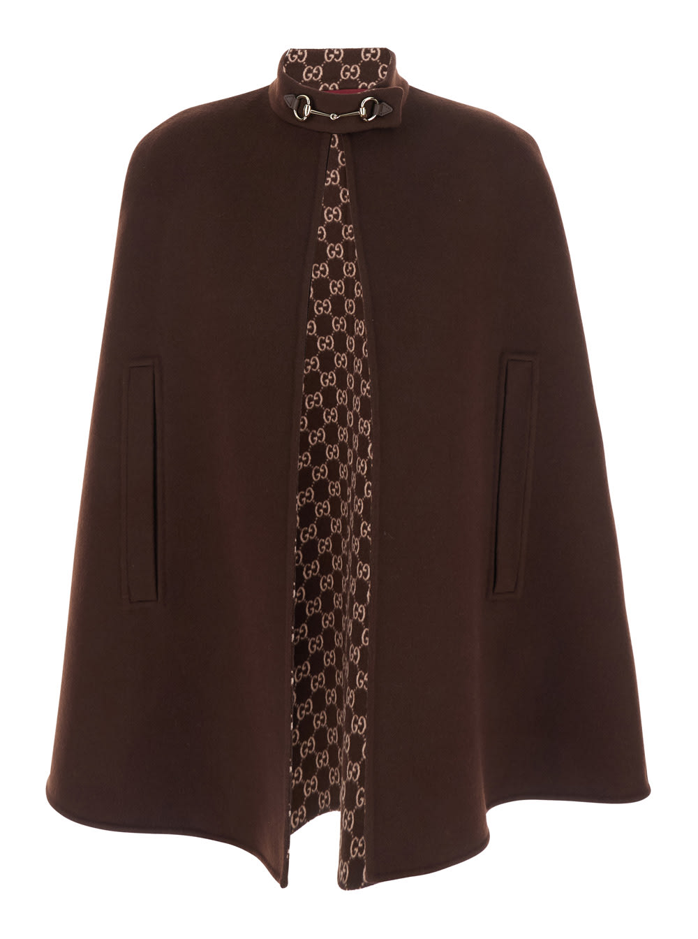 Gucci Brown Cape With Iconic Clamp And Gg All-over Motif Interior In Wool Woman In Brown