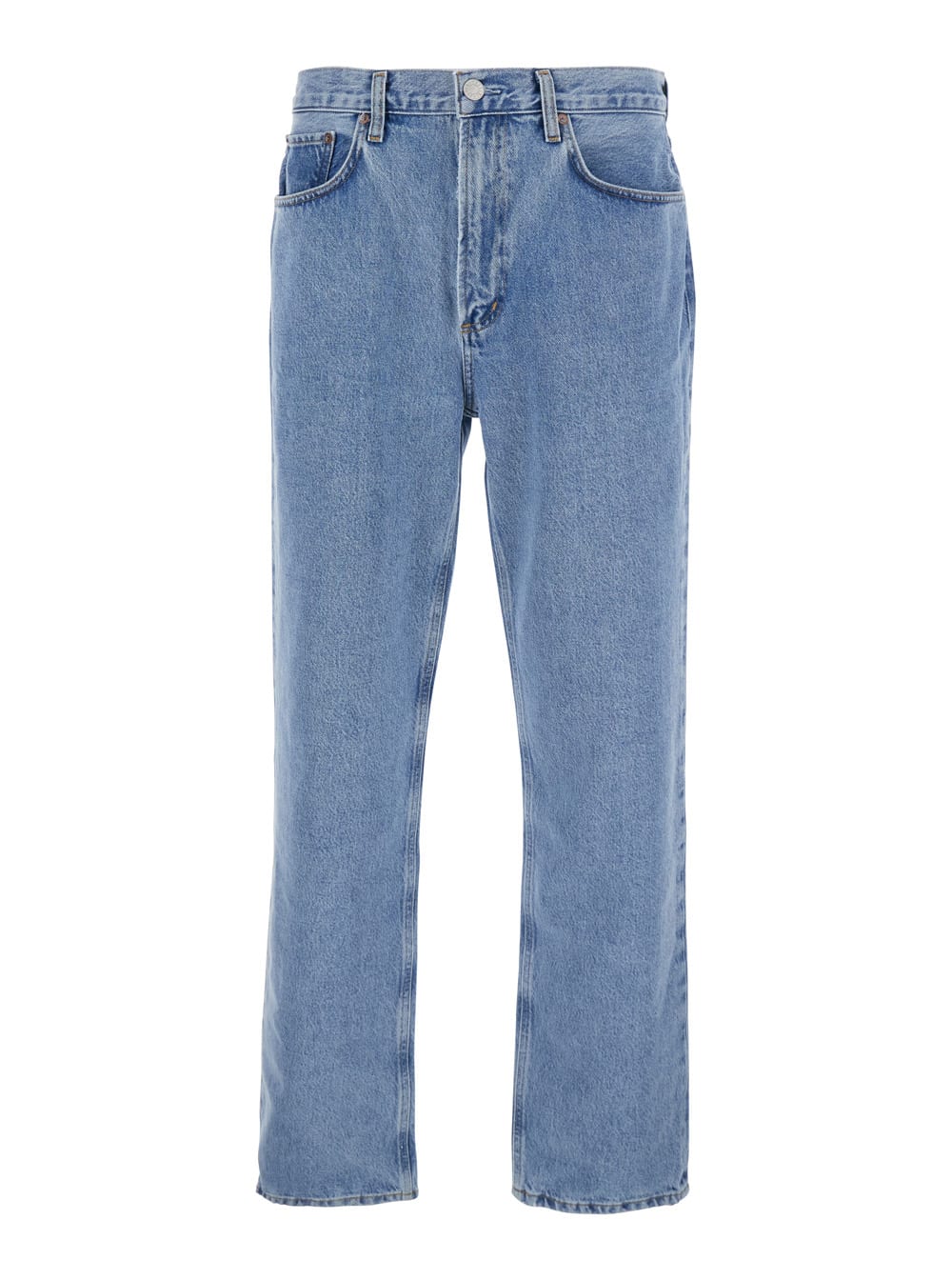 waldon Light Blue Five-pocket Jeans With Back Logo Application In Regenerative Cotton Man