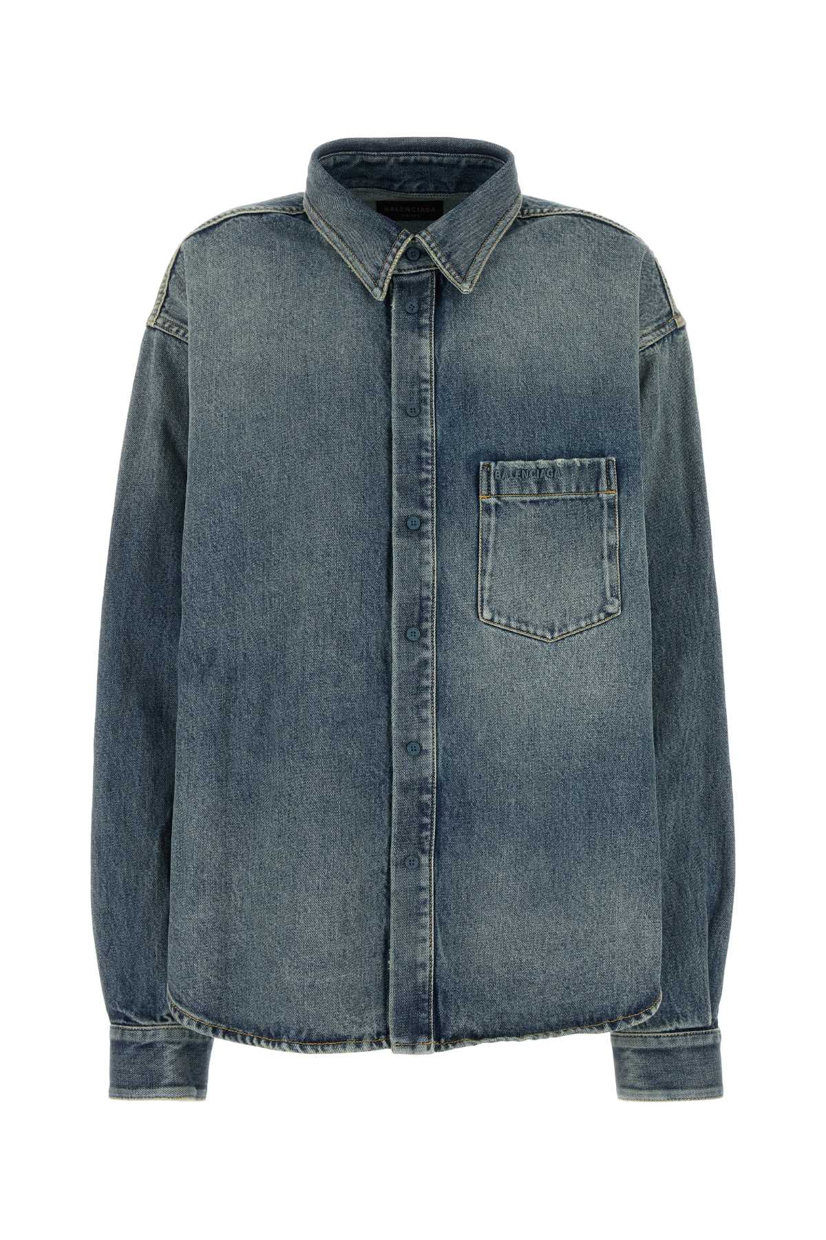 Balenciaga Blue Oversized Shirt With Chest Pocket And Washed Effect In Cotton Woman In Blu