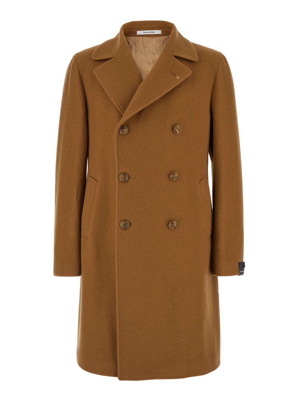 Shop Tagliatore Arden Beige Double-breasted Coat With Half-belt In Wool Blend Man