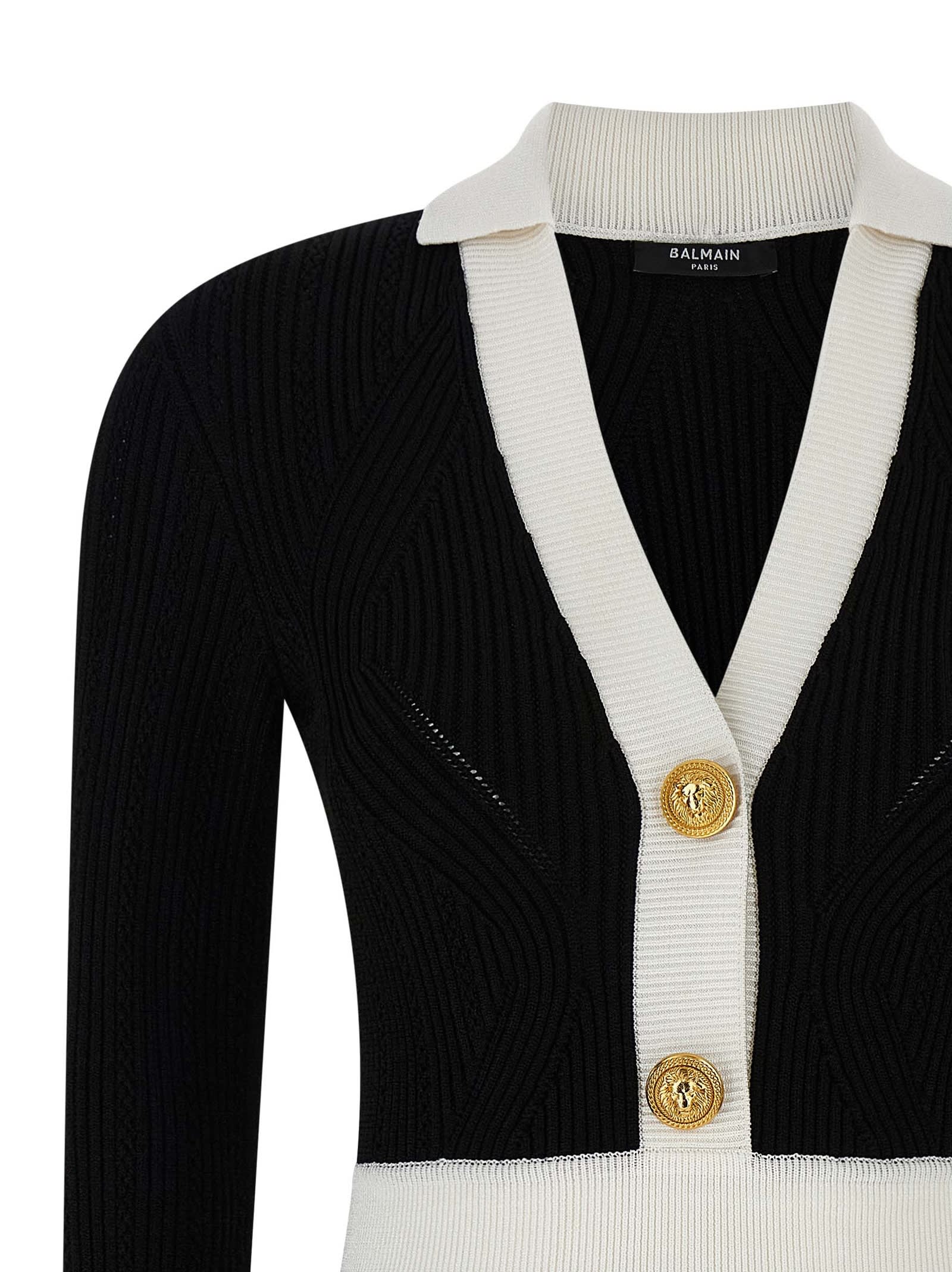 Balmain Colorblock Twisted Cable Long Sleeve Sweater Dress In Black