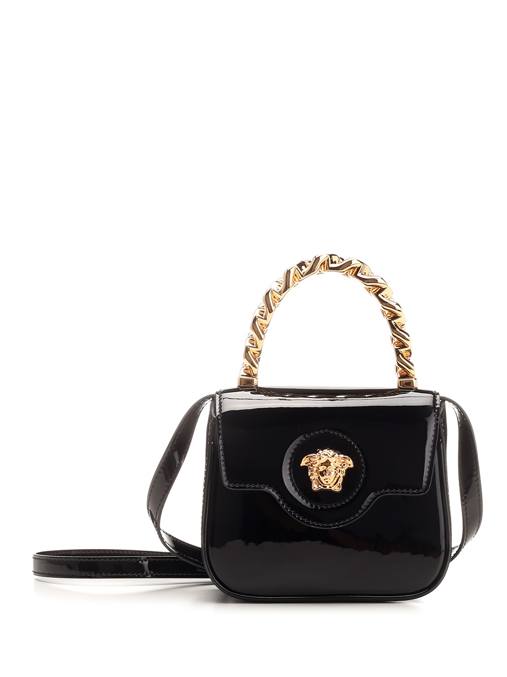 Shop Versace La Medusa Mini Bag In Patent Leather In Nero/oro