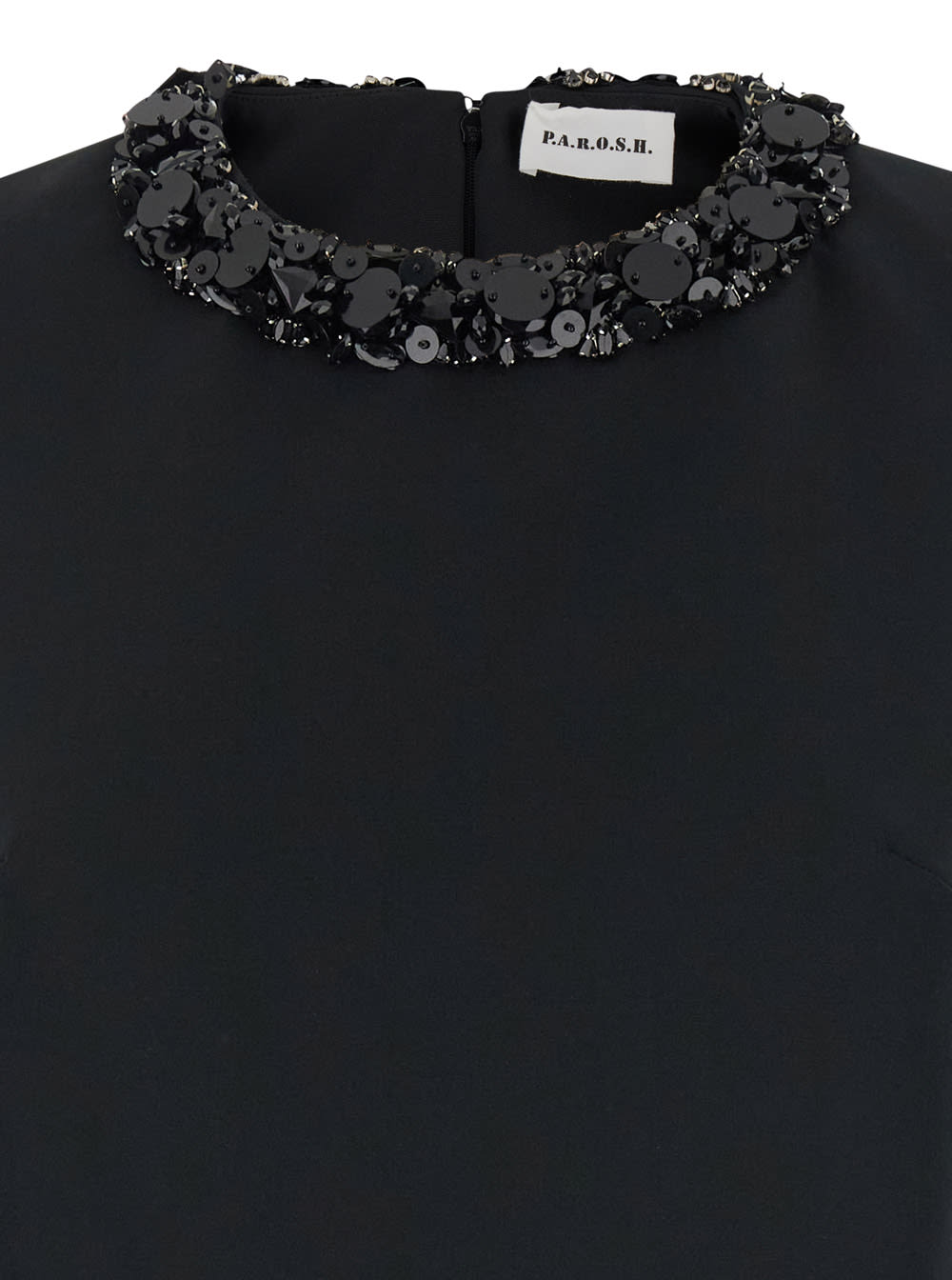 Shop P.a.r.o.s.h Mini Black Dress With Sequins Crewneck In Fabric Woman