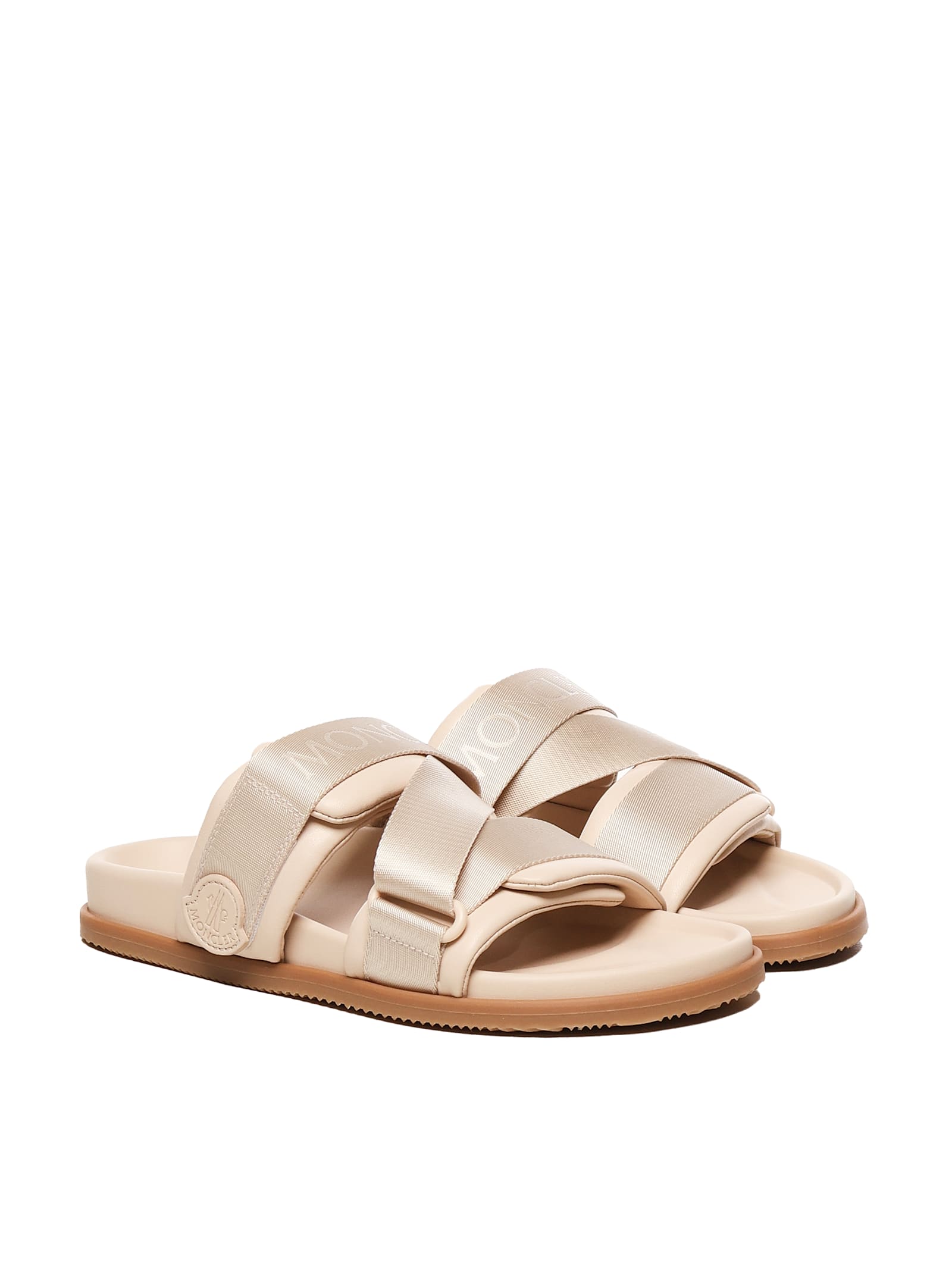 Moncler Women Mon Summer Leather Sandals With Nylon Details In Light Pink