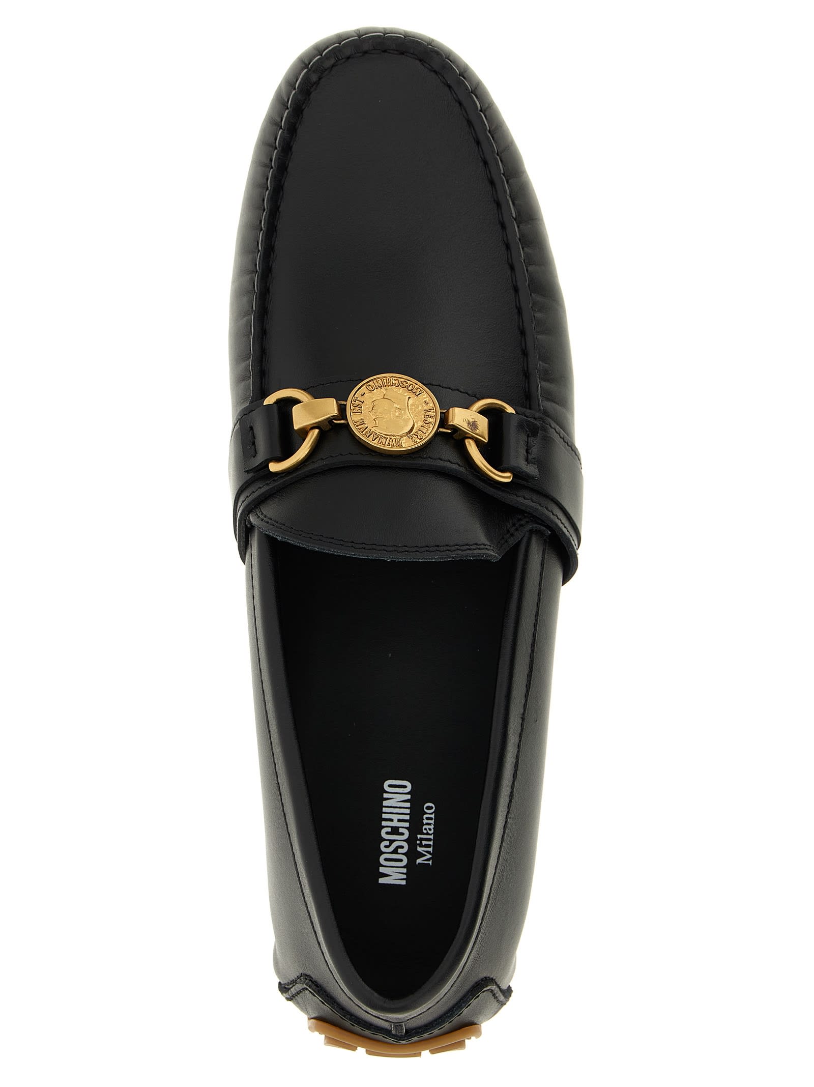 Moschino Round Toe Penny Loafers With Gold-tone Hardware In Black