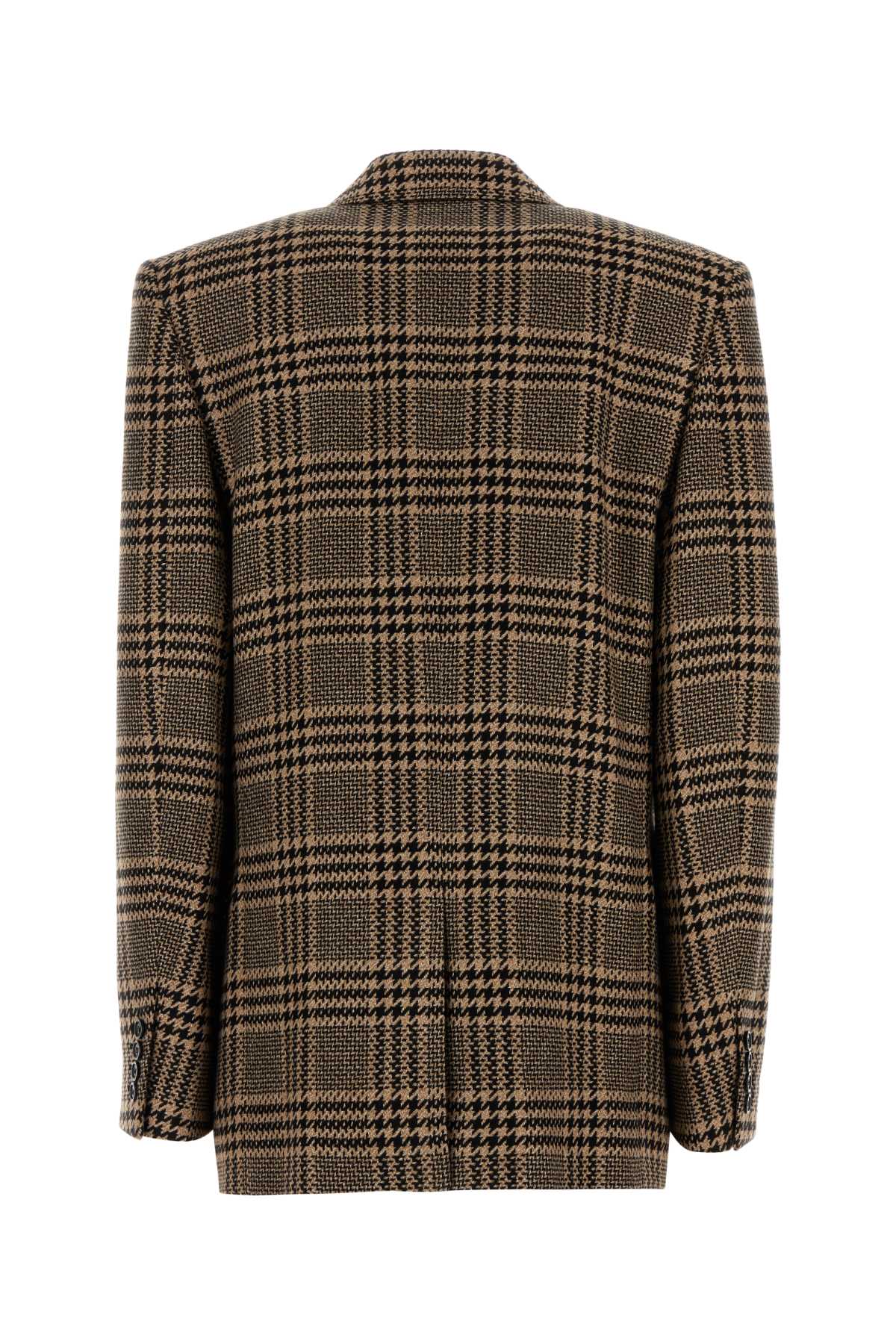 Saint Laurent Double-breasted Checked Wool Jacket In Brown