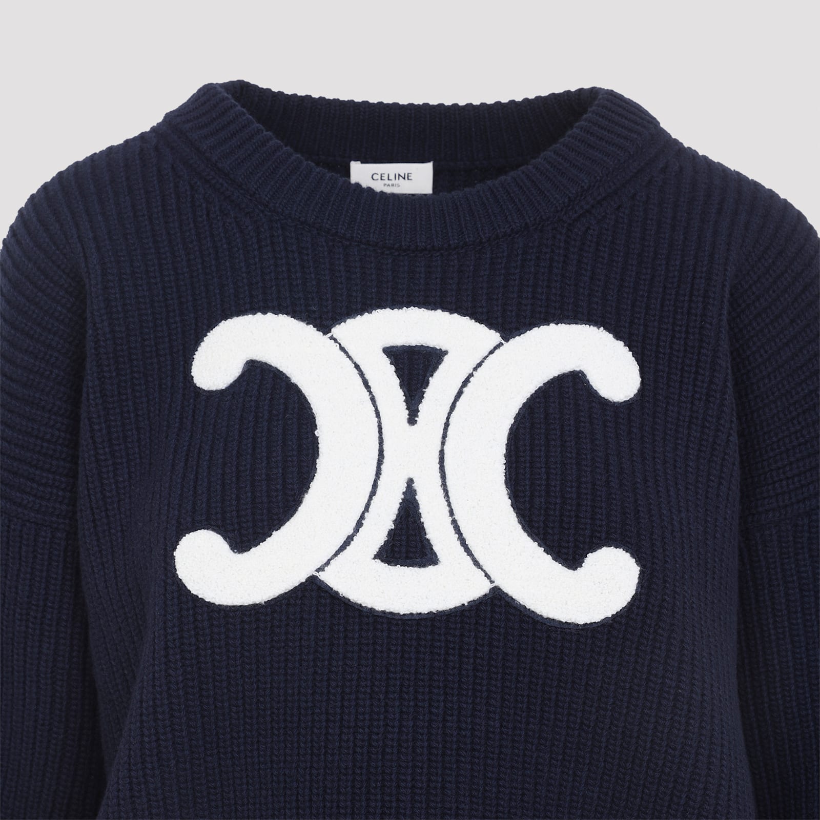 Celine Women Ribbed Wool Crew-neck Sweater In Blue