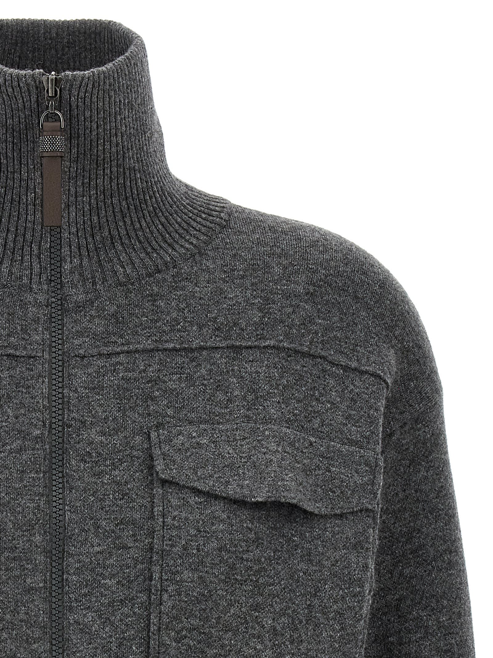 Brunello Cucinelli Shiny Zipper Pull Wool Cardigan In Gray