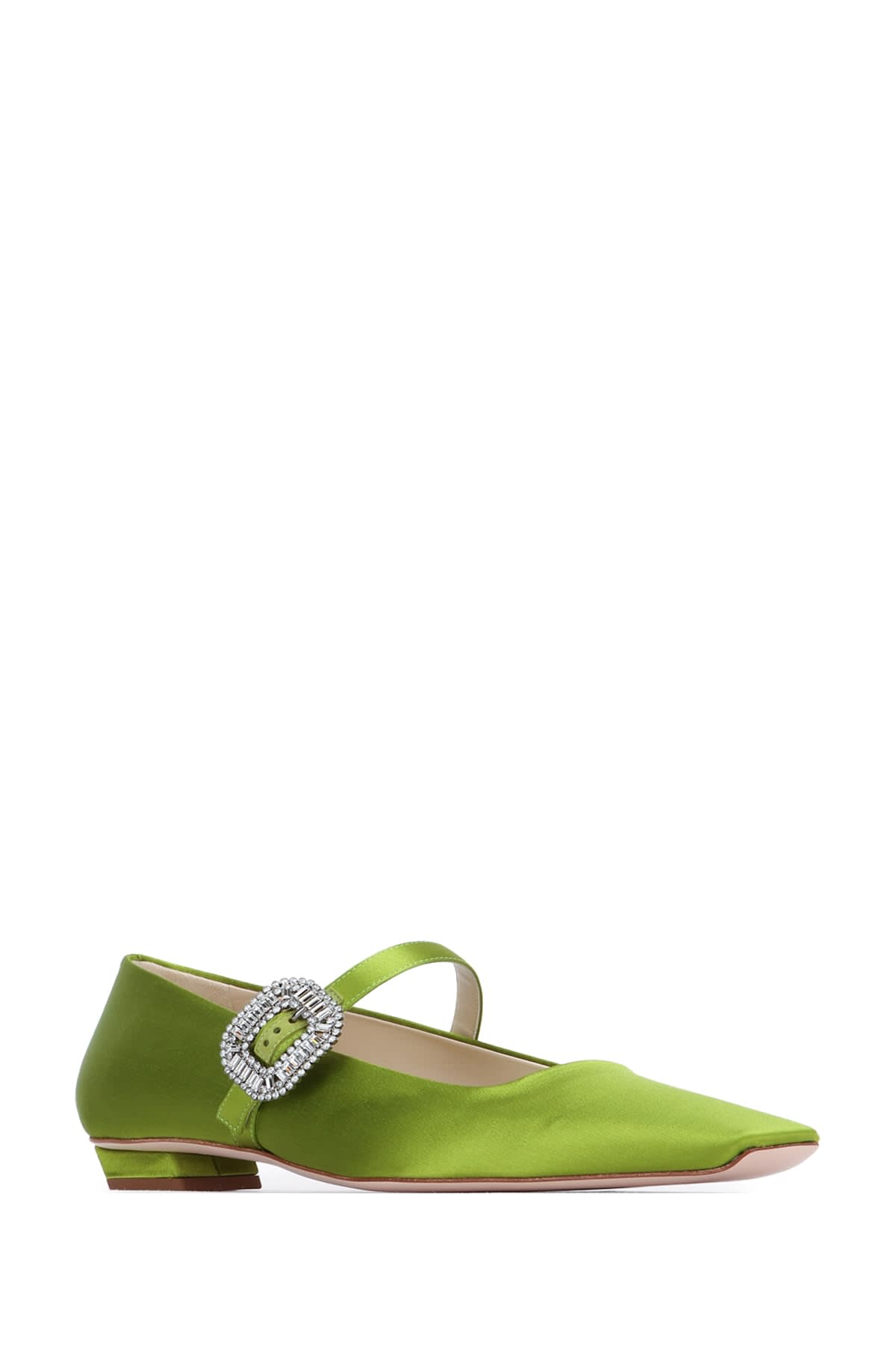 Roger Vivier Crystal Buckle Pointed Toe Satin Strap Shoes In Green