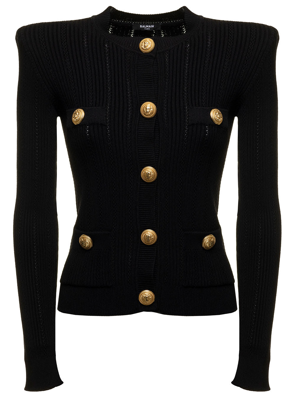 Black Cardigan In Ribbed Knit With Gold-tone Dome Buttons And Padded Shoulder Balmain Woman